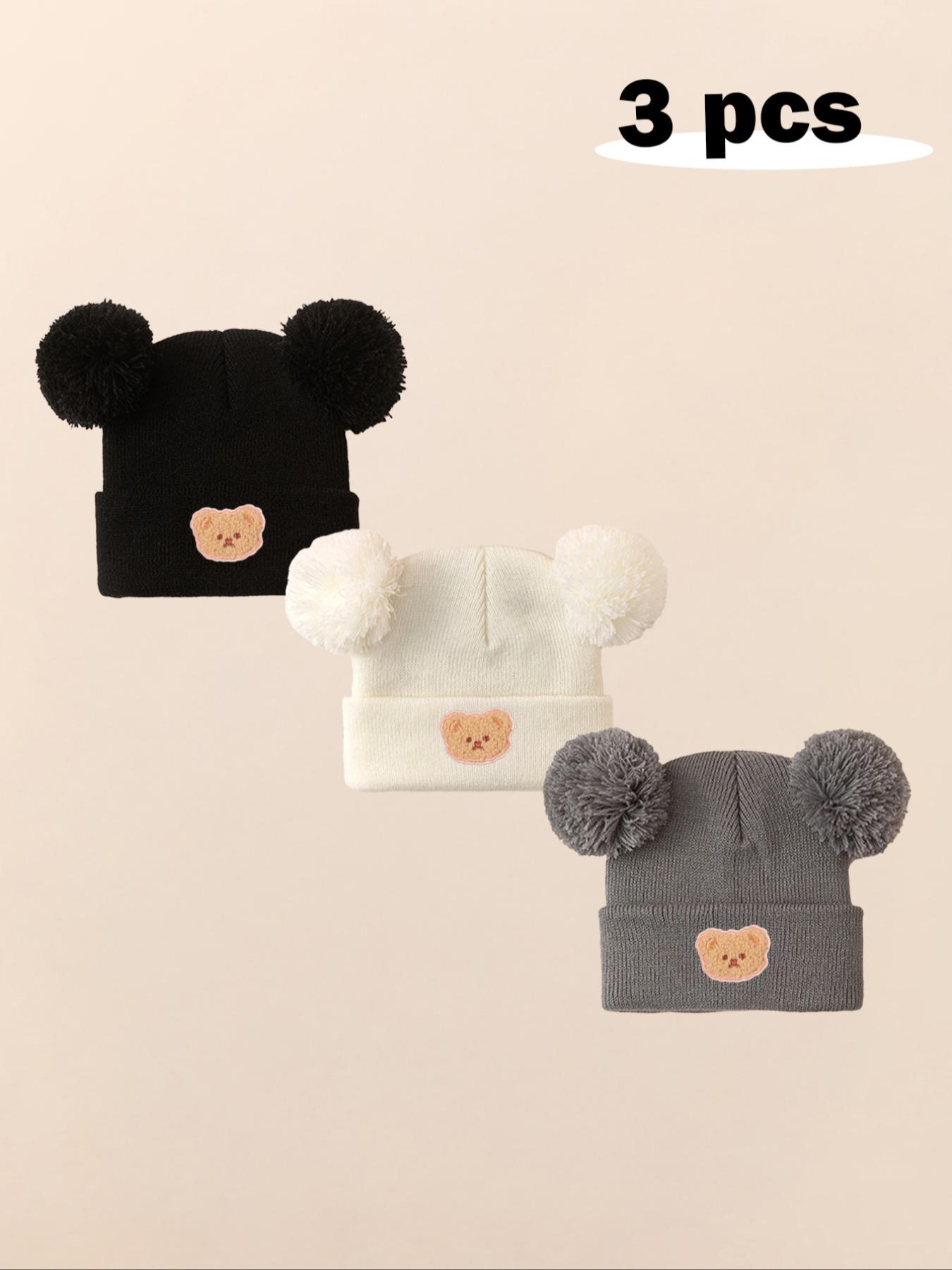 3pcs Baby Girl Newborn Toddler Pom-Pom Bear Beanie Hat, Cozy Knit Winter Warm Heart Cute Hat, Outdoor Baby Accessories Bonnet, Knitting Beanie
