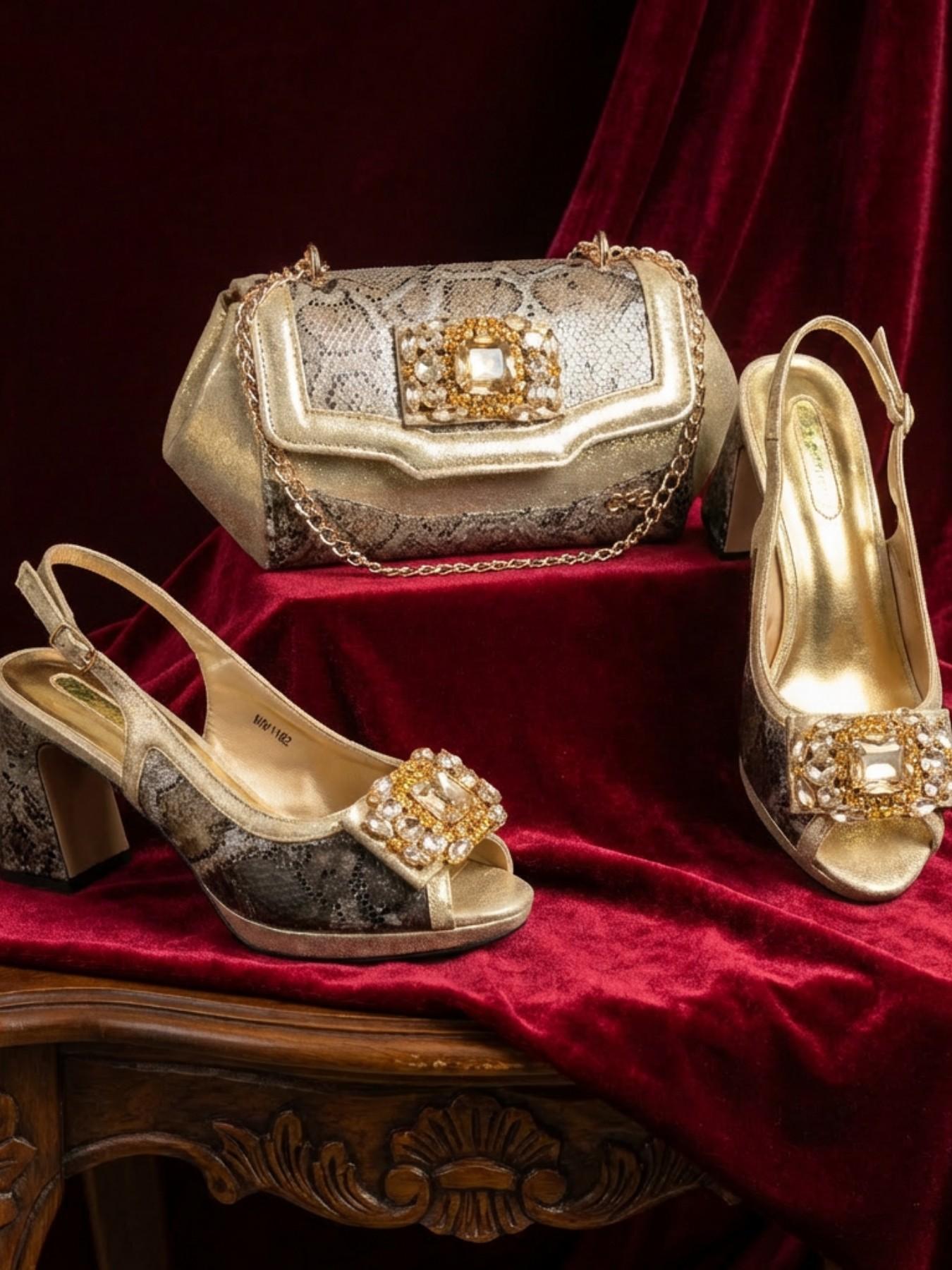 2026 New Designer Fashion Open-Toe High Heels, Elegant Party Olive Color Diamond Decorated Slip-On Shoes, Italian Shoe Bag Set