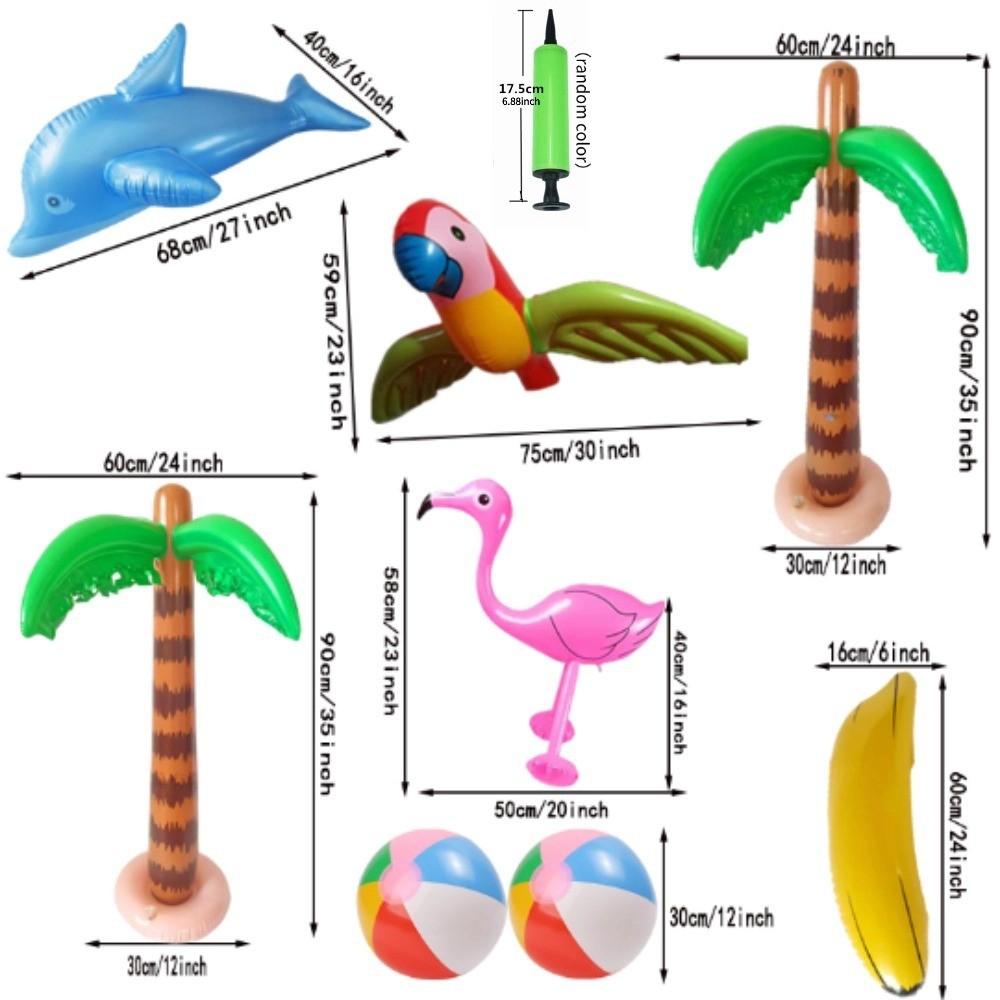9-Piece Inflatable Hawaii Party Set, Includes Coconut Trees, Beach Balls, Parrot, Flamingo, Banana, Dolphin, Pump, for Beach Pool Adult Parties
