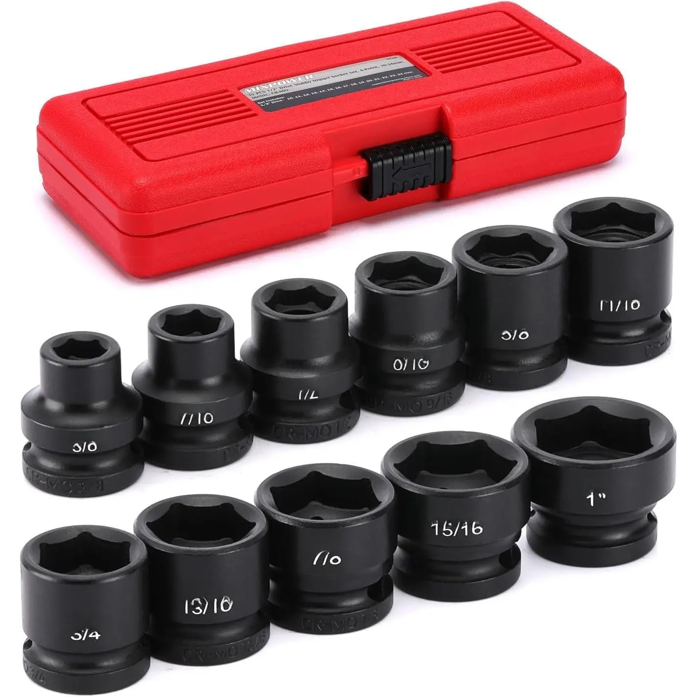 11- 1/2" Drive Stubby  Socket,CR-MO,3/8"-1",6-Point,SAE,Radius Corner Design, Axle Nut  Grade Socket for Easy Removal