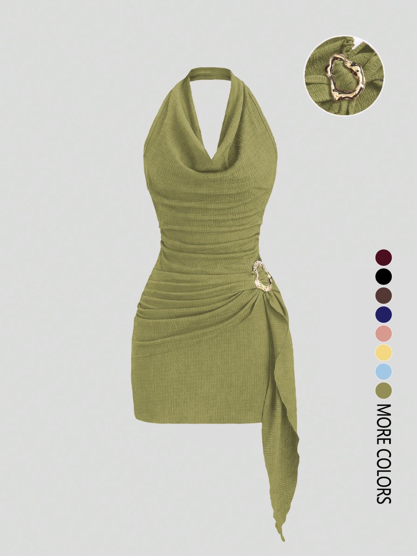 Women's Fashion Solid Color Ruched Halter Dress, Casual Office Wear, Elegant Backless Design, Perfect for Daily Wear, Stylish and Comfortable Dress