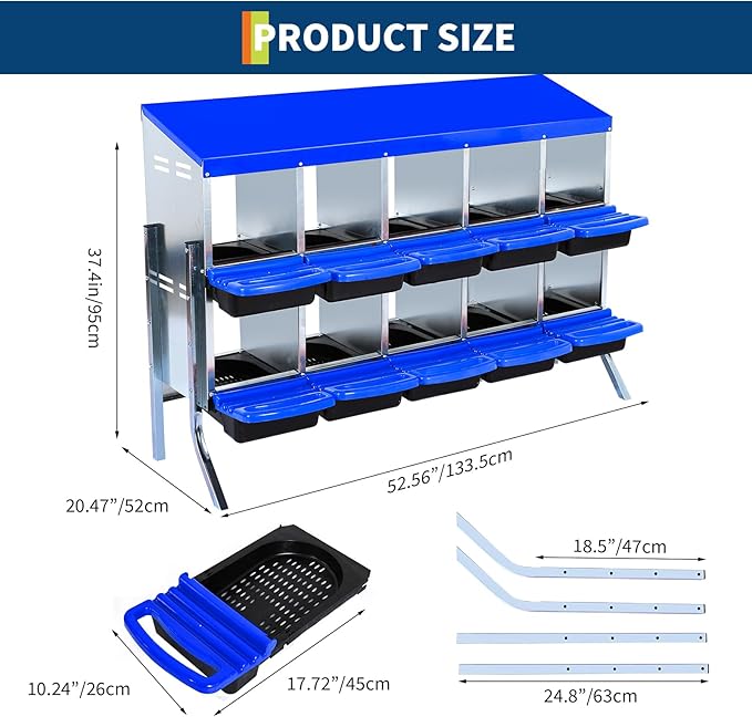 Chicken Nest Box, Rollaway Chicken Nesting Box, 2-Tiers Large Mental Hen Roll-Off Layer Box with Extra Large Openings, Resting Platform, Waterproof Sloped Roof, Easy Clean Removable Tray
