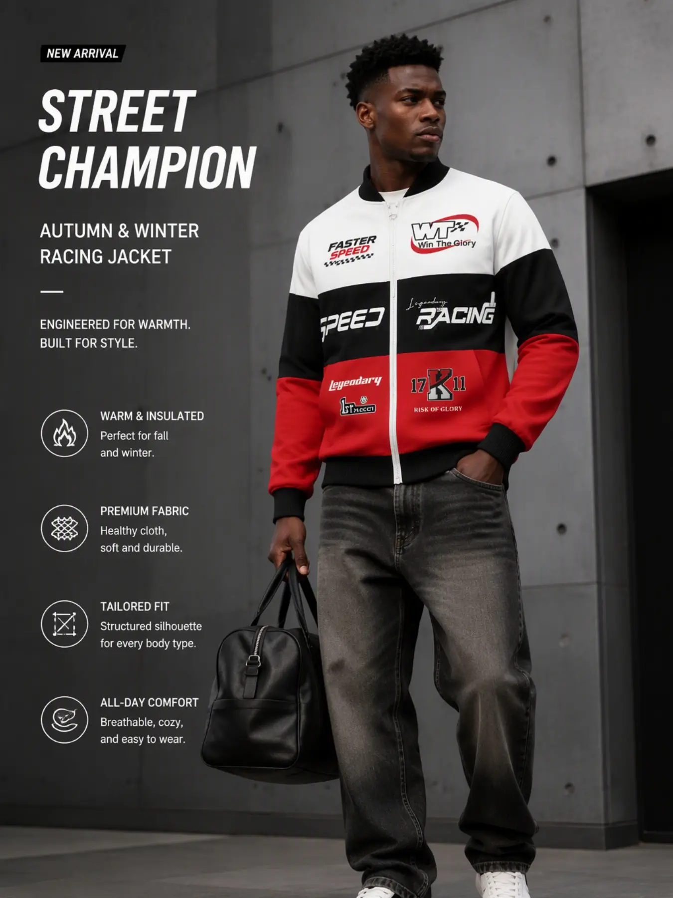Men's Racing Print Full Zip Bomber Jacket, Vintage Color Block Letter Print Baseball Neck Sport Jacket, Motorcycle Streetwear Fall Winter Coat