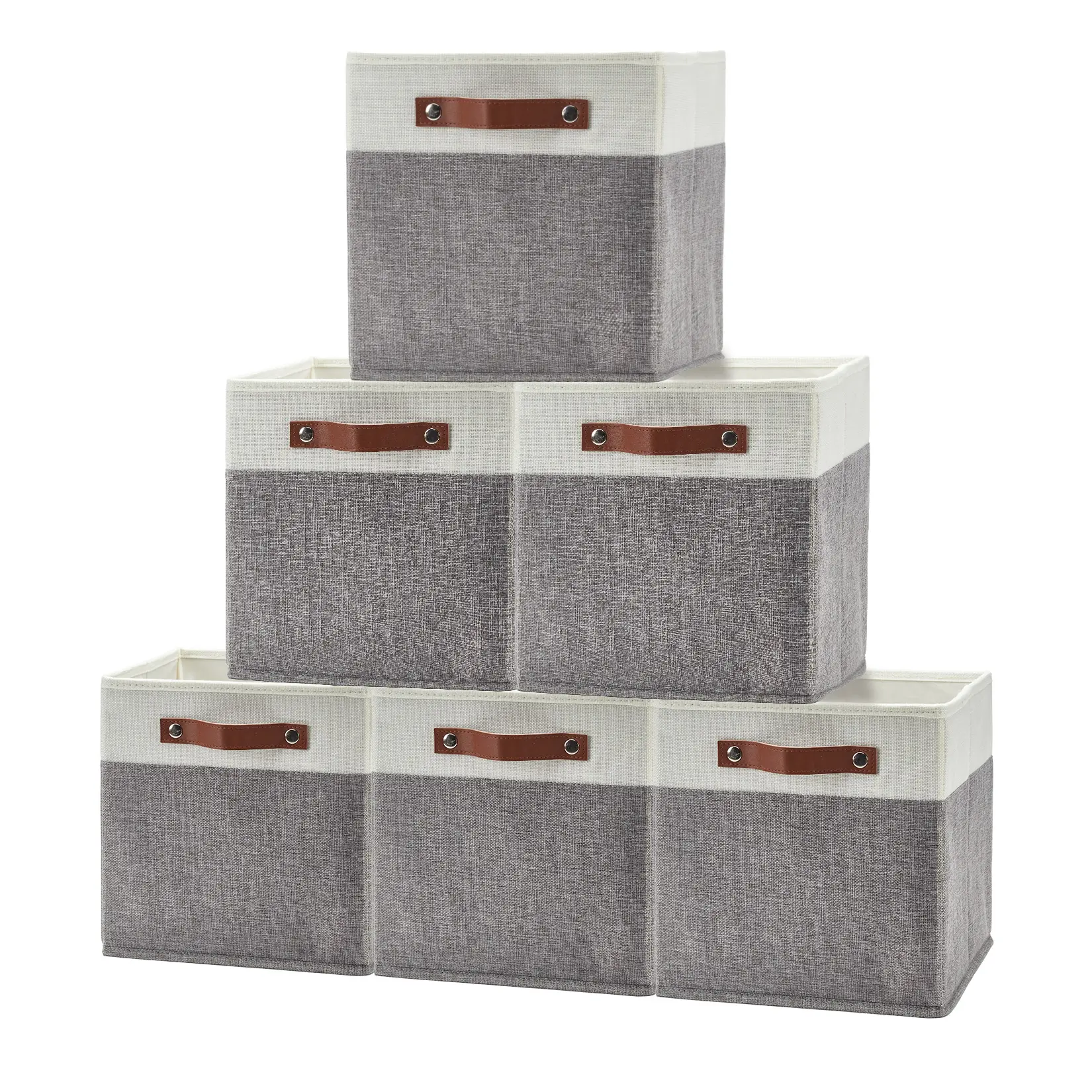 13x13 Collapsible Linen Fabric Storage Cube Bins Pack of 6 with Leather Handles, Beige/White & Grey/Black Trim Closet Cubby Organizers for Room, Shelf Boxes