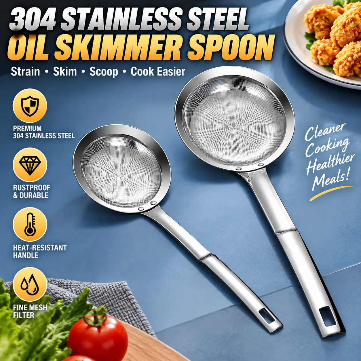 Multifunctional 304 Stainless Steel Oil Skimmer & Food Strainer Spoon, Fine Mesh Filter Ladle with Comfortable Heat-Resistant Grip, Durable Rustproof Kitchen Cooking Utensil for Removing Excess Oil, Skimming Foam, Straining Fried Foods, Preparing Soups, D