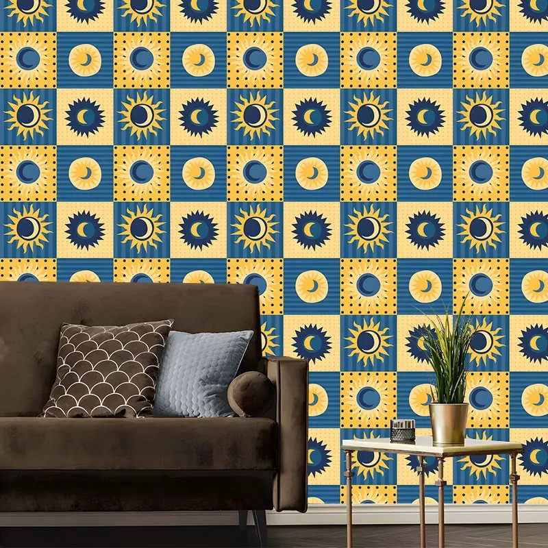 Retro Yellow & Blue Celestial Check Peel And Stick Wallpaper,Boho Wallpaper Removable Self Adhesive Contact Paper for Bedroom, Aesthetic Wall Paper Roll, Ideal Gift for Boho Home Decor Lovers