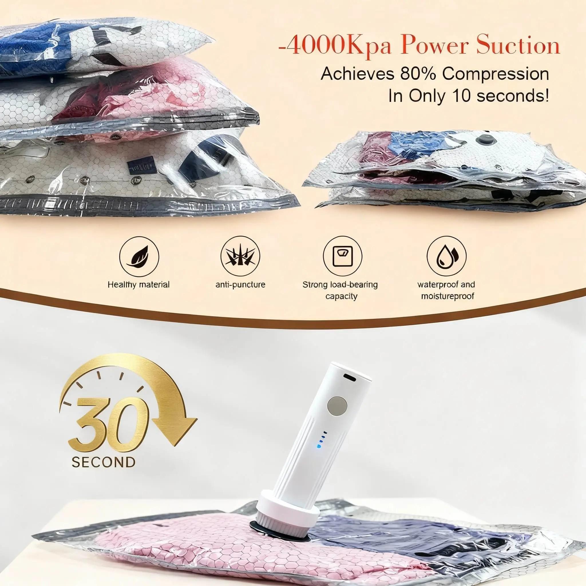 6/9/12/15 Pcs Vacuum Compression Storage Bags with Rechargeable Electric Air Pump, 3 Sizes Waterproof Reusable Sealing Storage Bags, 140L/Min Powerful Air Removal, Space Saver for Suitcase & Home Storage, Ideal for Holiday & Housewarming Gifts