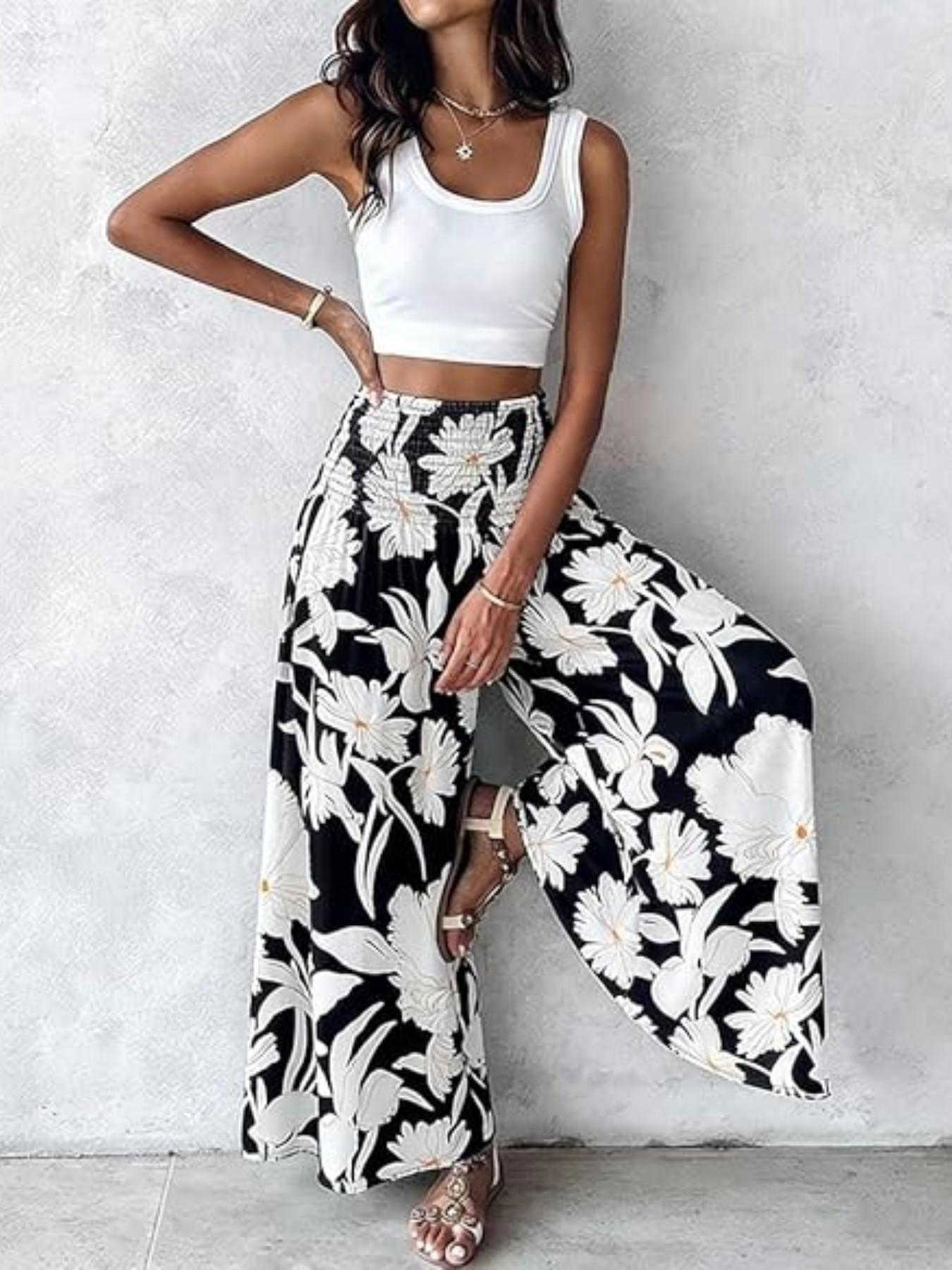 Boho Print Ruched Flowy High Waisted Wide Leg Pants, Bohemian Wide Leg Flowy Long Pants for Summer Beach Vacation, Casual Boho Pants, Women's Fashionable Loose-Fitting Bottoms