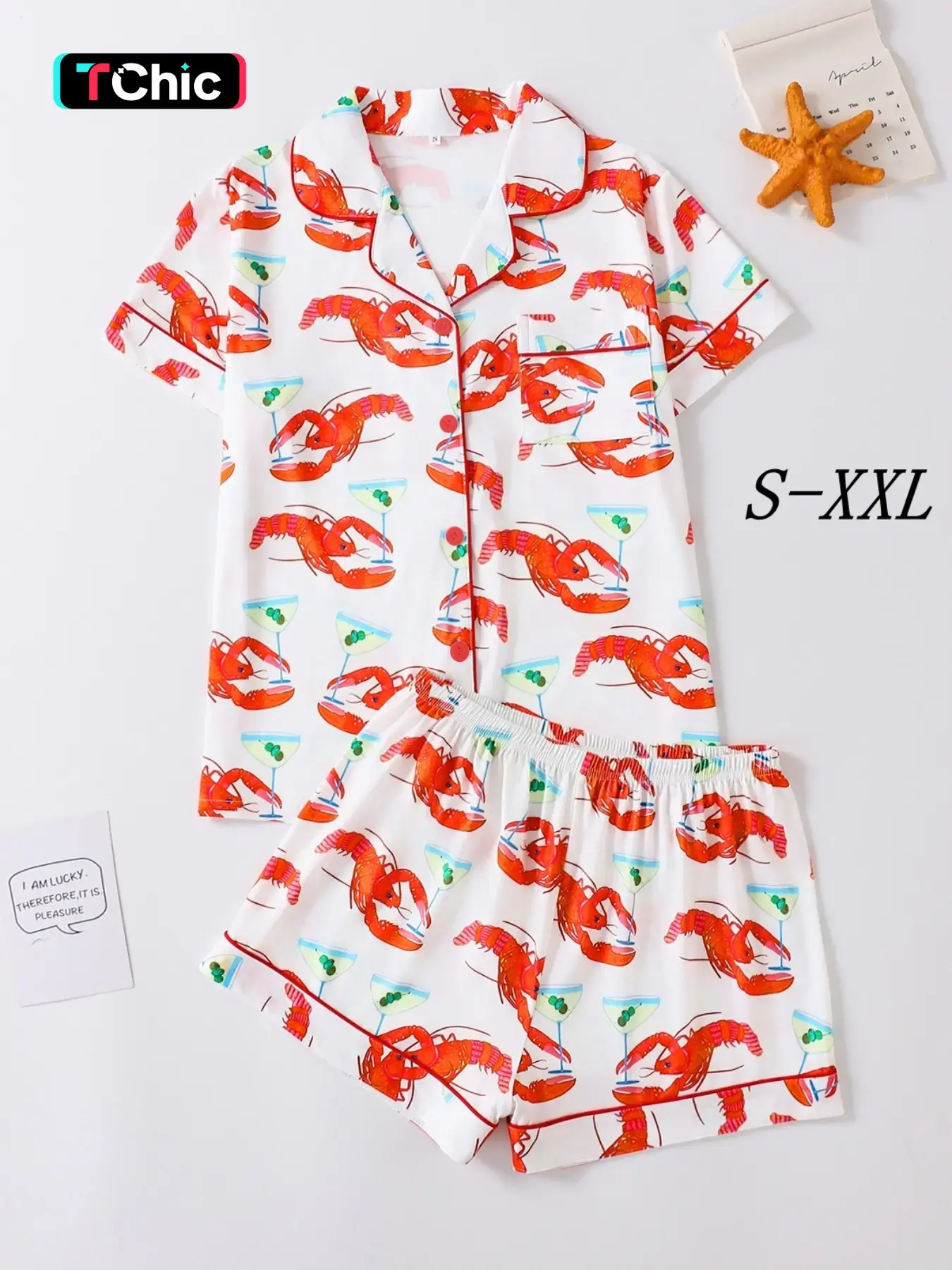 Women's Lobster Print Shirt & Elastic Waist Shorts Pyjama, Casual Comfy Short Sleeve Collared Button Top & Shorts PJ Set, Ladies Sleepwear for Summer, Loungewear, Pajamas Sets