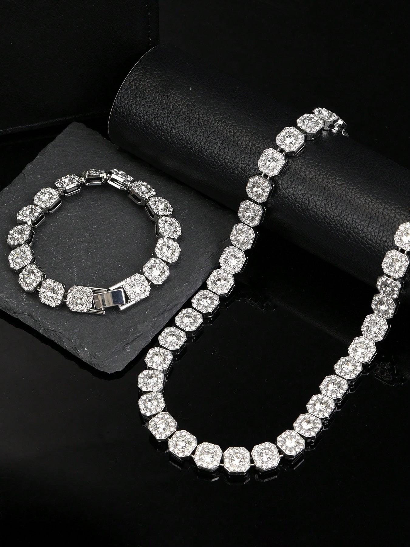 Men's and Women's Rhinestone Cuban Chain Necklace Set, Full Diamond Square Design, Street Party Jewelry, Unique Gift Idea