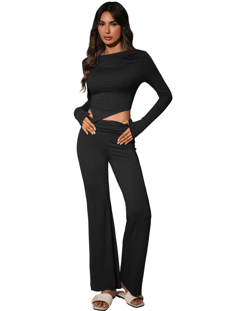 Women's Two-Piece Casual Set, Long-Sleeved Draped Neckline, Off-The-Shoulder Crop Top, Asymmetrical Hem, Flared Trousers, Everyday Wear