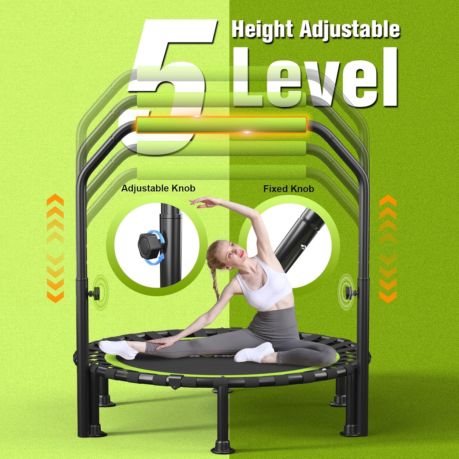 Foldable Mini Trampoline, 40"/48" Rebounder Trampoline for Adults & , 450lbs Capacity with U-Shaped Adjustable Bar, Indoor Fitness Workout Exercise Equipment