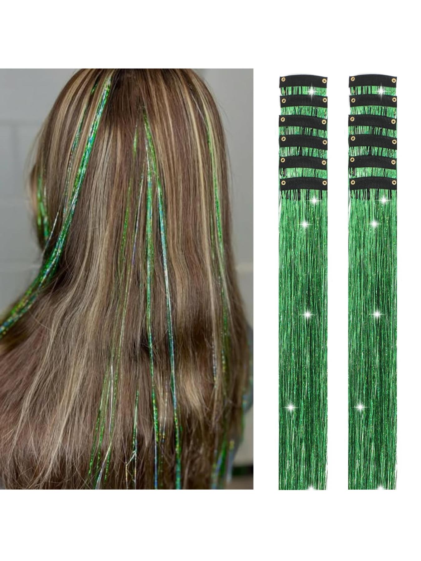 Rainbow Hair Tinsel Pack of 12 Pcs Clip in Hair Tinsel 20 Inch Glitter Tinsel Hair Extensions, Festival Tinsel Fairy Hair Extension Party Dazzle Hair Accessories Strands Kit Clip on Hairpieces