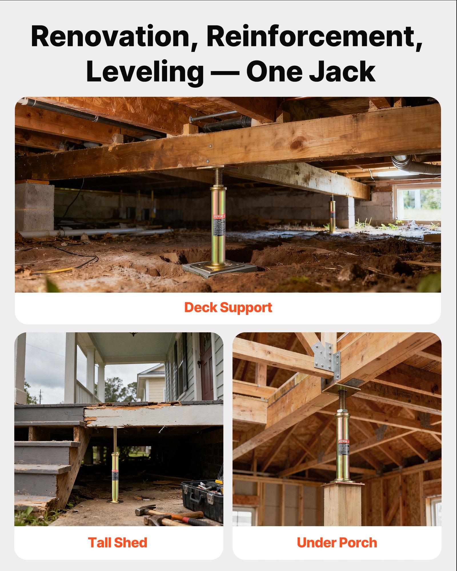 VEVOR House Floor Jacks, 4 Pack, 11.6"-16" Height Range, 2500 lbs Max Load Capacity Per Unit, Adjustable Support Beam Basement Jack Post for Leveling, Galvanized Telescoping Jack for Temporary Support