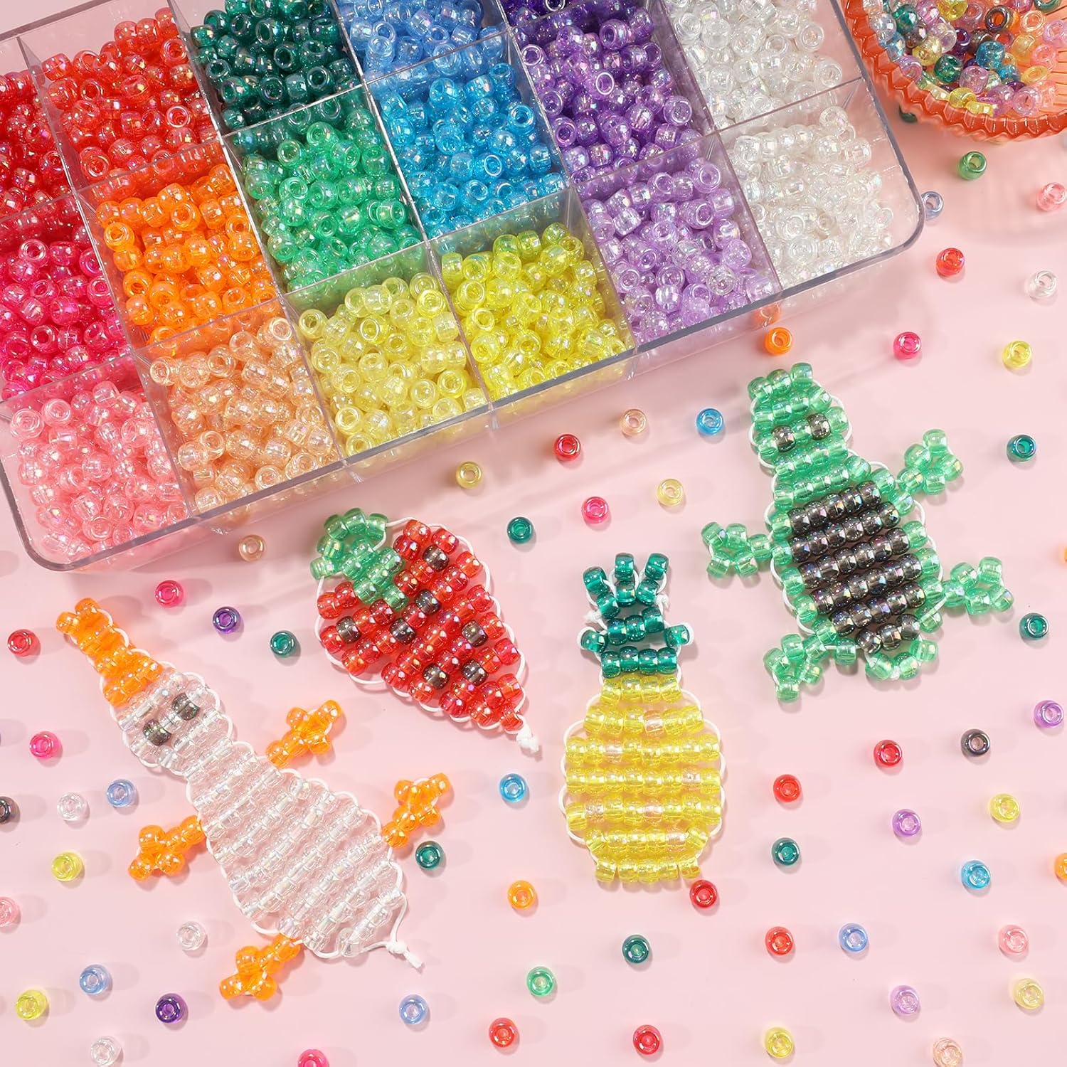 2600+pcs Pony Beads Kit Transparent AB Color Rainbow Plastic Bead Multicolor Pony Beads Bulk Elastic String, Hair Bead for Braids DIY Crafts  Making Kit for Bracelets Necklaces
