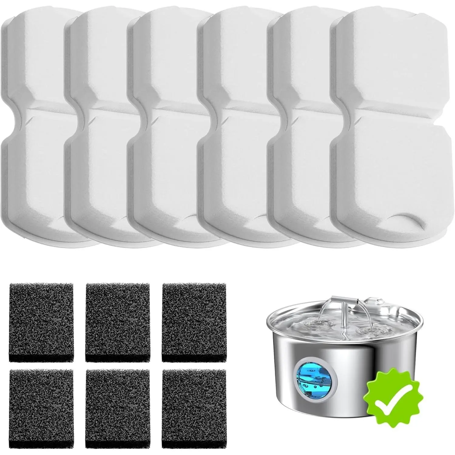 12 Pack Cat Water Fountain Replacement Filters - 6 Carbon Filters & 6 Foam Replacement Screens, Suitable for S17 Stainless Steel Cat Water Fountain