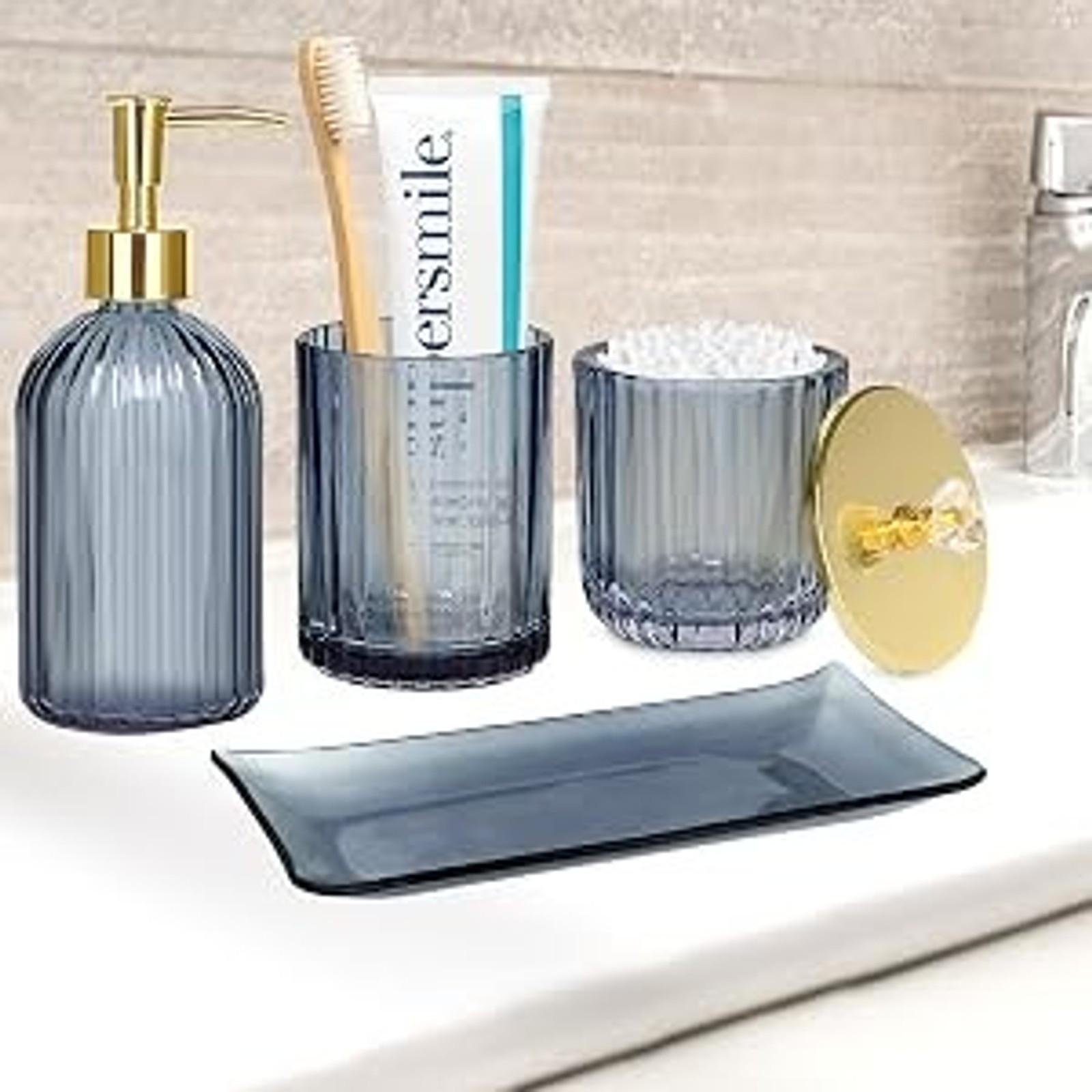 Glass Bathroom Accessories Set, Blue 4-Piece Bathroom Set
