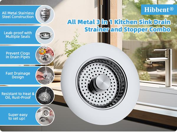 Upgraded 3in1 Kitchen Sink Drain Strainer & Sink Stopper, Stainless Steel Kitchen Drain Plug & Sink Installation Parts with Anti-Clogging Basket, Fit US Standard 3-1/2'' Sink Drain Hole, Silver