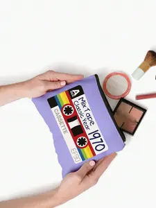 Vintage Tape Pattern Makeup Bag, Reusable Travel Organizer, Portable Vanity Case, Perfect Gift for Music Lovers, Multifunctional Storage