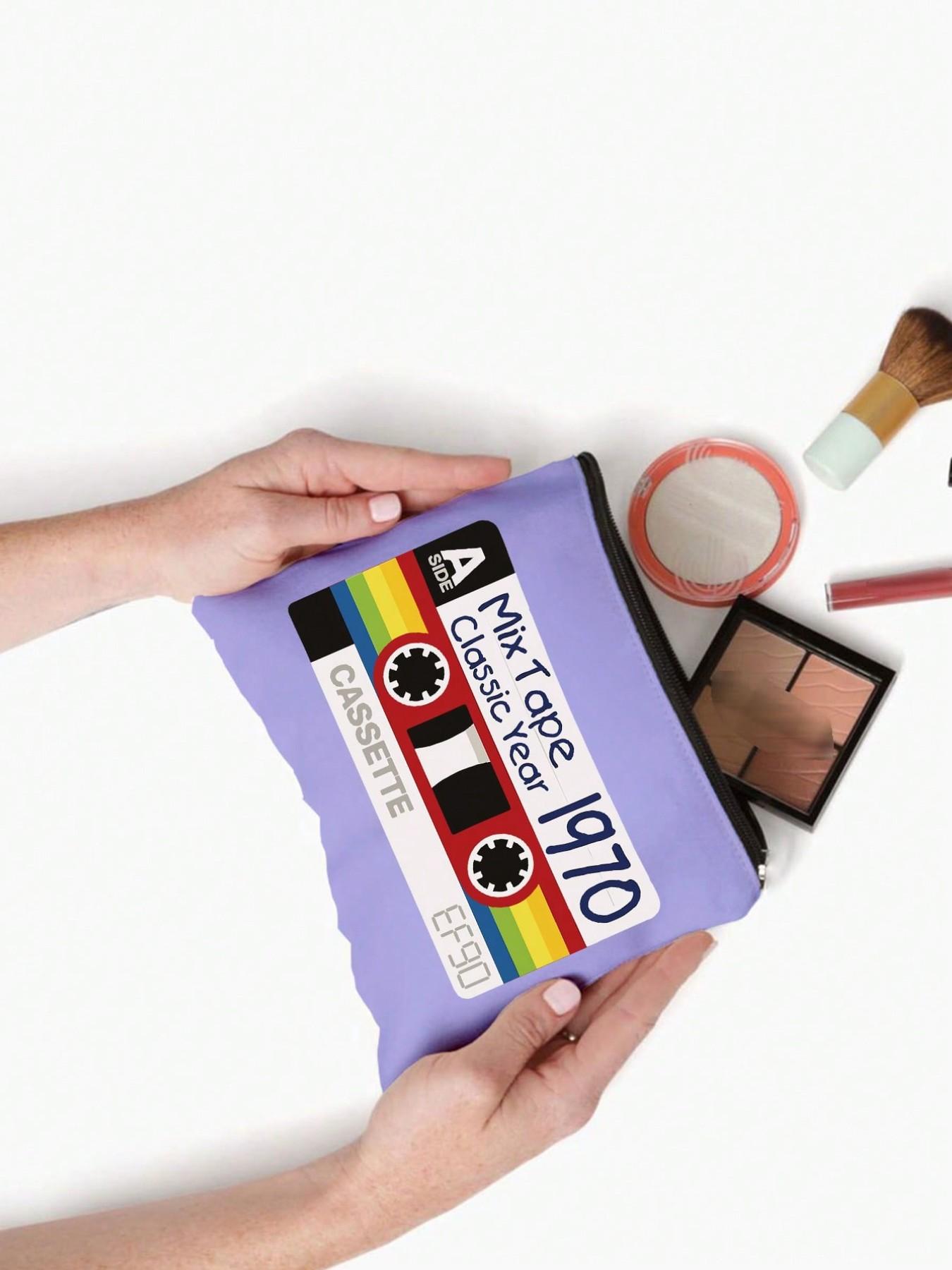 Vintage Tape Pattern Makeup Bag, Reusable Travel Organizer, Portable Vanity Case, Perfect Gift for Music Lovers, Multifunctional Storage