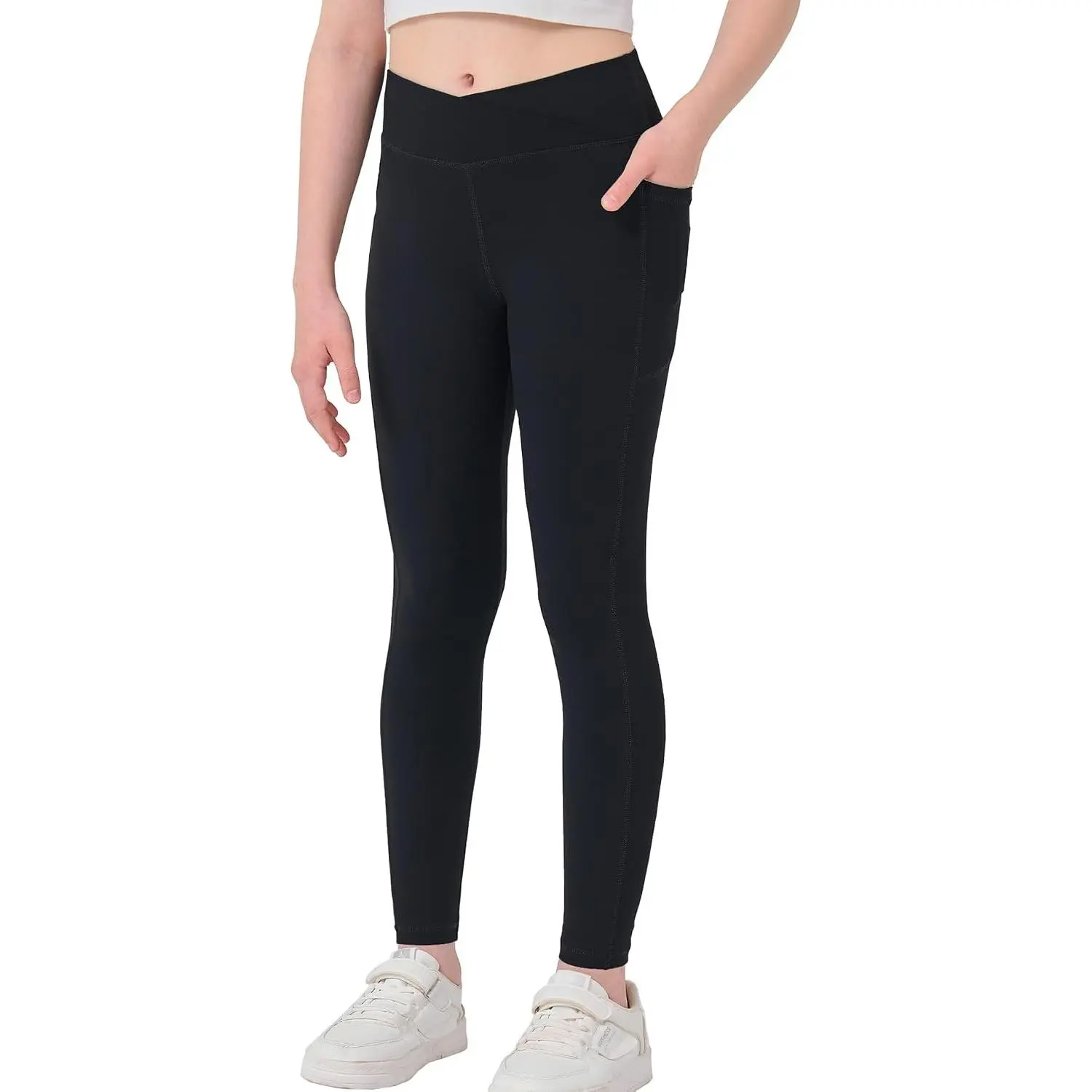 Girls High Waisted V Crossover Yoga Pants with Pockets - Butter Soft Athletic Leggings for Teens Kids Youth, High Stretch, No See Through, Moisture Wicking for Dance Gymnastics Workout RunningGift