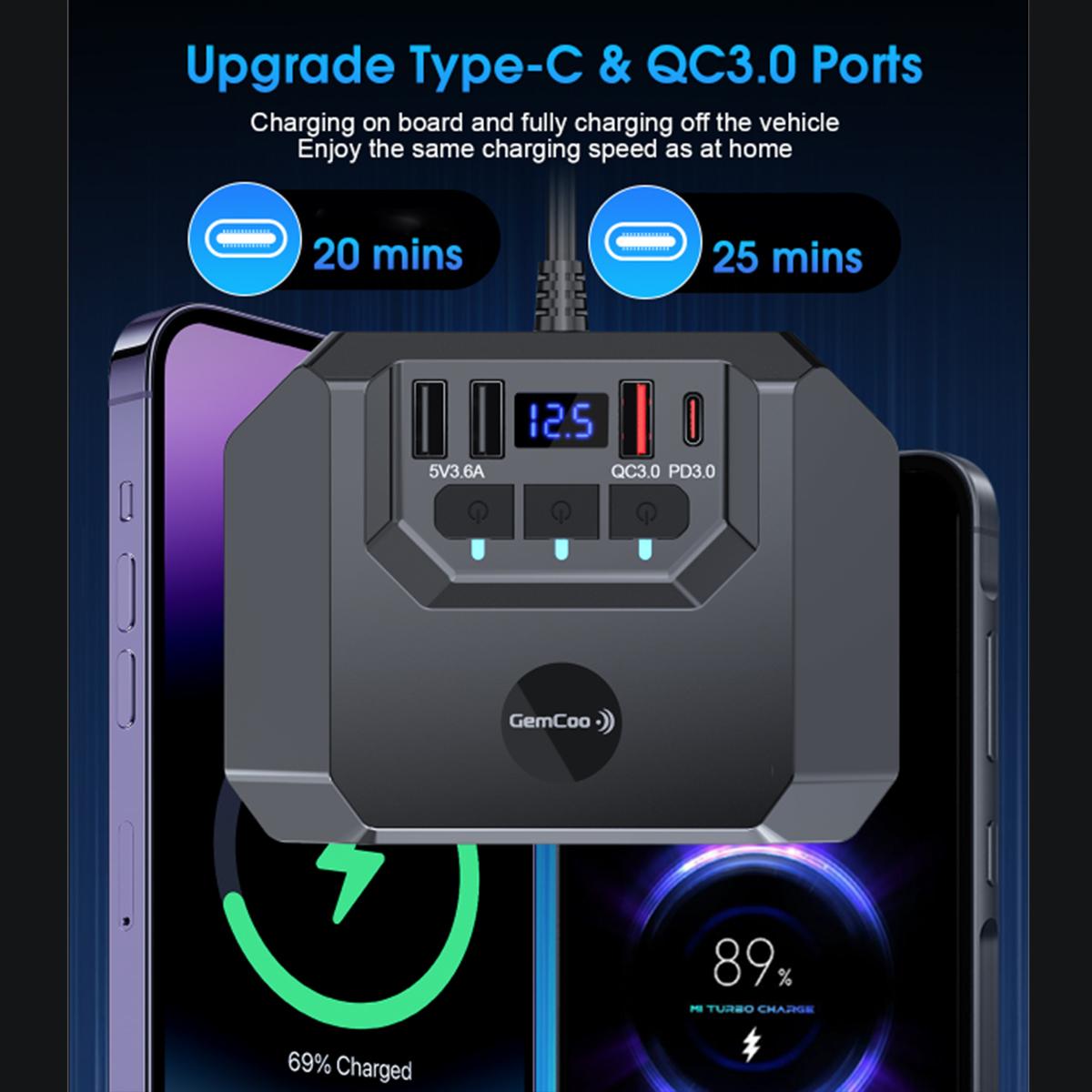 QC3.0 and PD Car Cigarette Lighter Adapter Splitter easy fix, 120W, 3 Sockets+4 USB include 2 Quick Charge Ports, LED Voltmeter, Independent Switches, 30in Cable, Easy Fix and Move, Suitable for 12V-24V Vehicles.