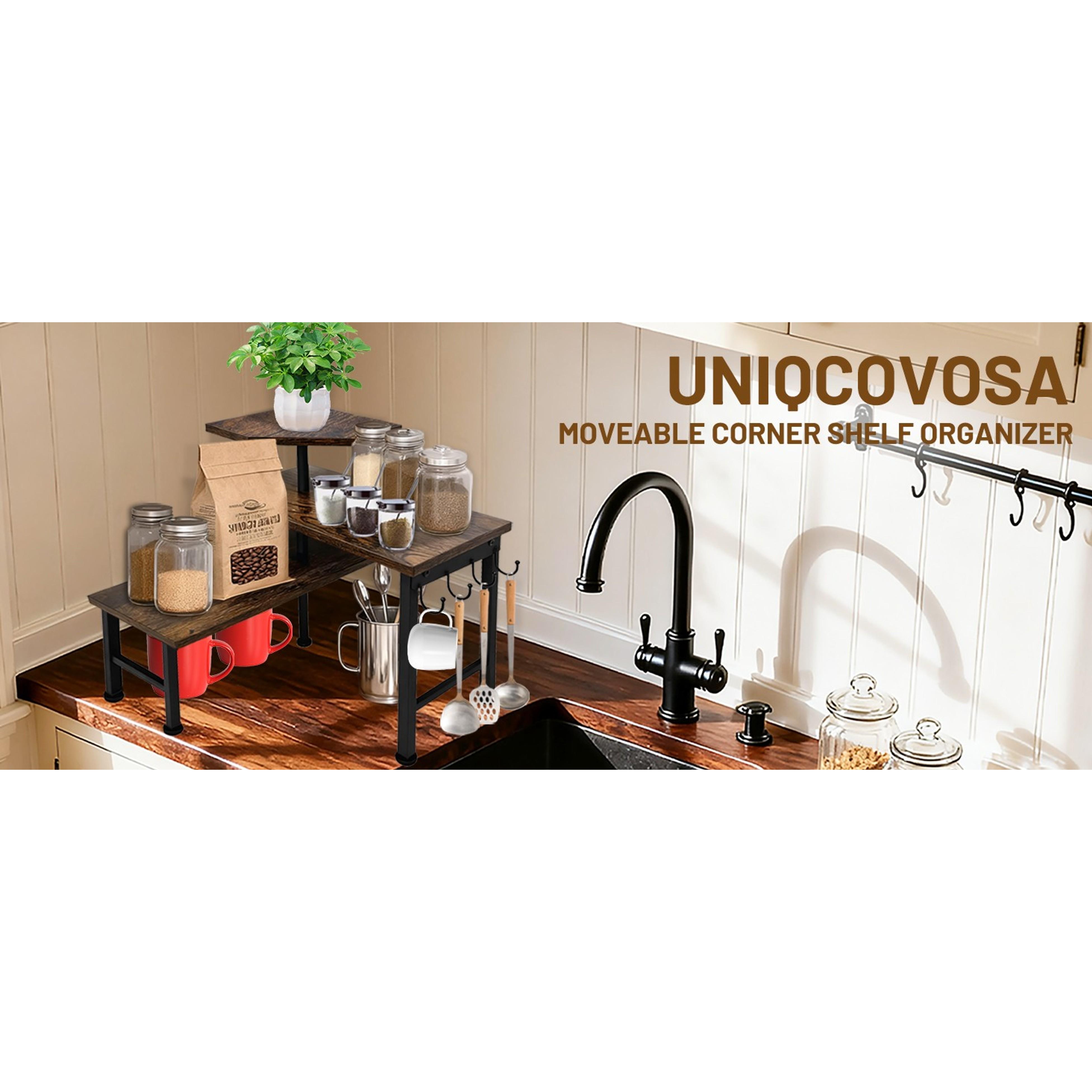 Kitchen Countertop Organizer, 3-Tier Movable Corner Shelf with Hook, Countertop Organizer for Bathroom, Spice Rack, Bookshelf, Coffee Area, Dresser Table (Brown)