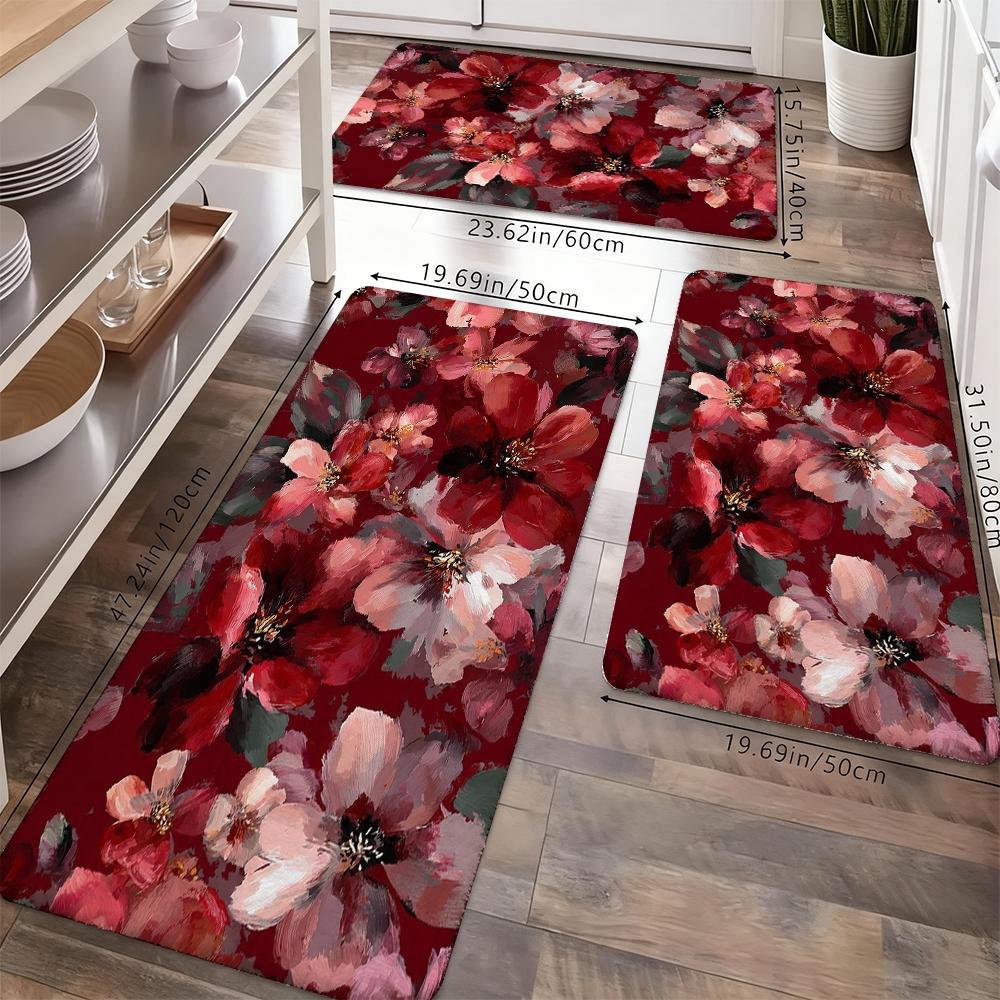 Vintage Watercolor Red Floral Kitchen Rug Set, Boho Abstract Flower Non-Slip Washable Floor Mats, Aesthetic Botanical Runner Rugs for Kitchen, Living Room & Home Decor