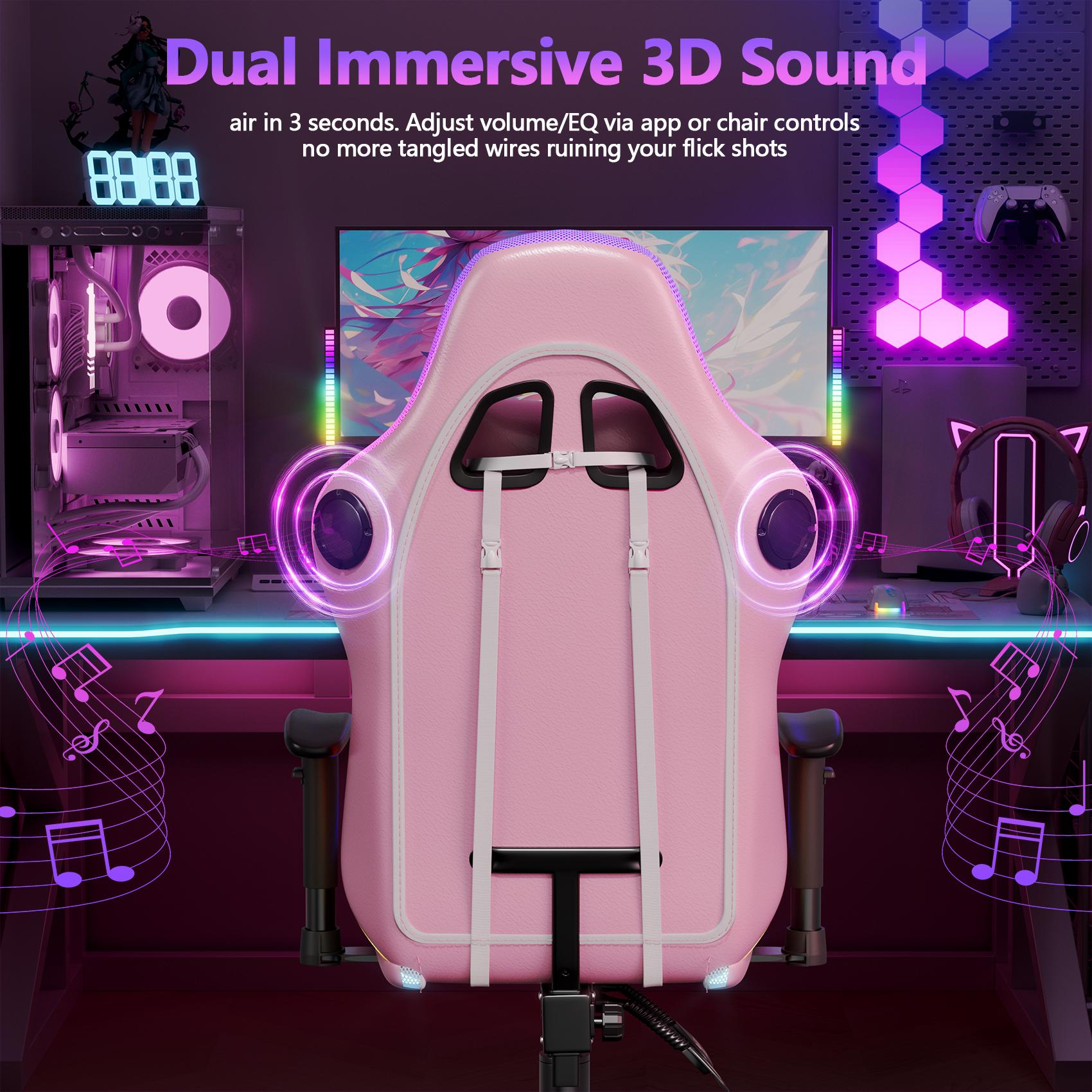 【Dual Speakers】Mr IRONSTONE Gaming Chair with Speakers and Led Lights Ergonomic Massage Computer Gaming Chair with Broaden Cusion and Footrest High Back Video Game Chair for Adults Kids Boyfriend Father's Gift, Blue Black and Pink