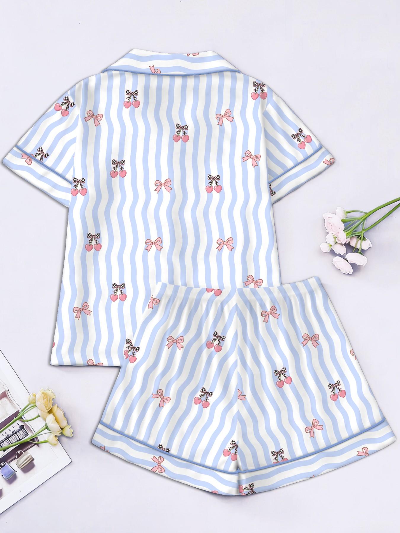 Women's Short Sleeve Button Down Top and Shorts Pajama Set, Spring Summer Wear, Loose Loungewear, For Preppy Style Lovers, Blue White Striped Preppy Cherry Print, Classic Lapel Collar, Loose Fit, Comfortable For Study & Relaxing, Matching Pj Set