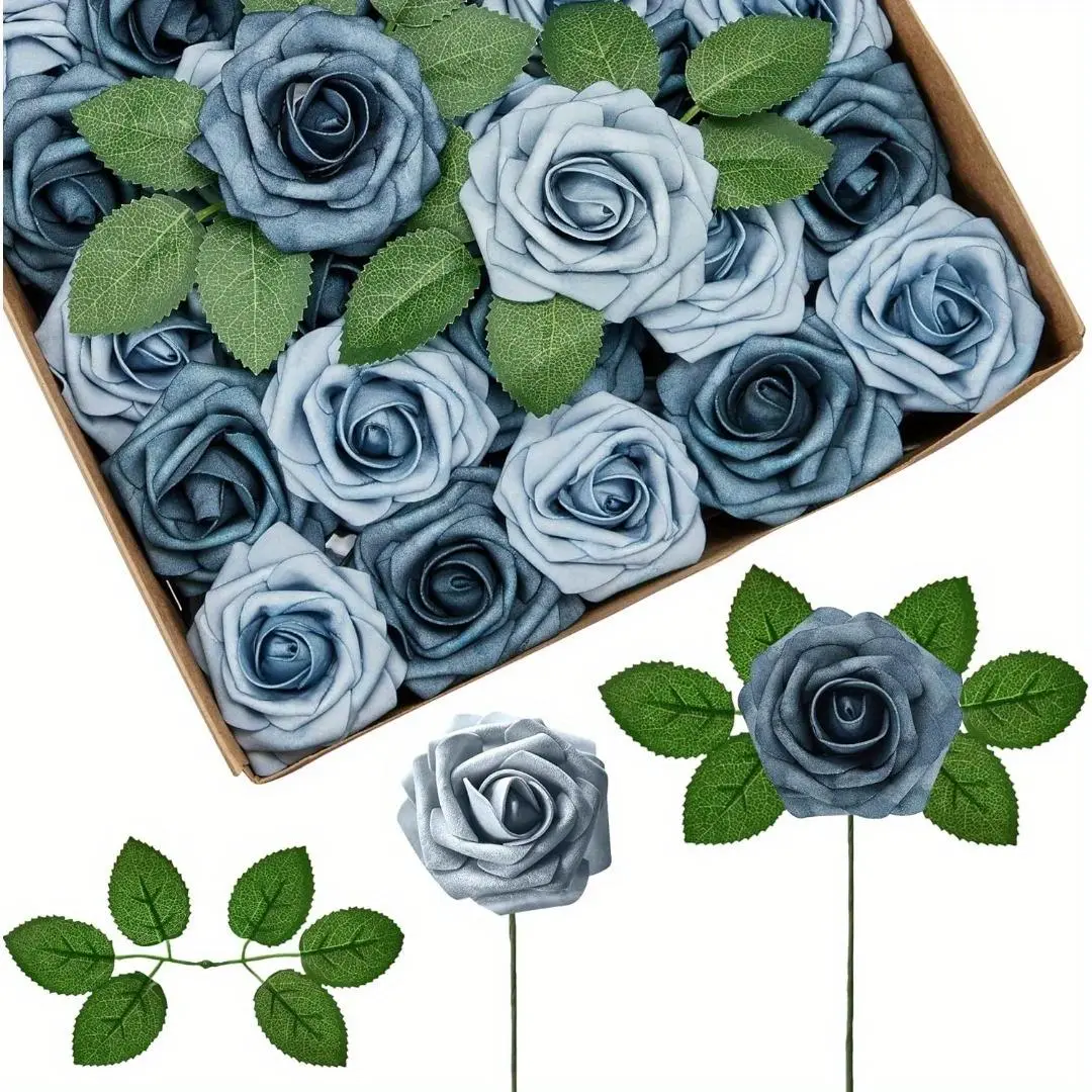 50pcs Dusty Blue Roses Artificial Roses Foam Flowers, Navy Rose Flower Fake Roses for Decoration Wedding Bouquets Centerpieces Bridal Shower Party Valentine'S Day Christmas Xmas Home Floral Decor