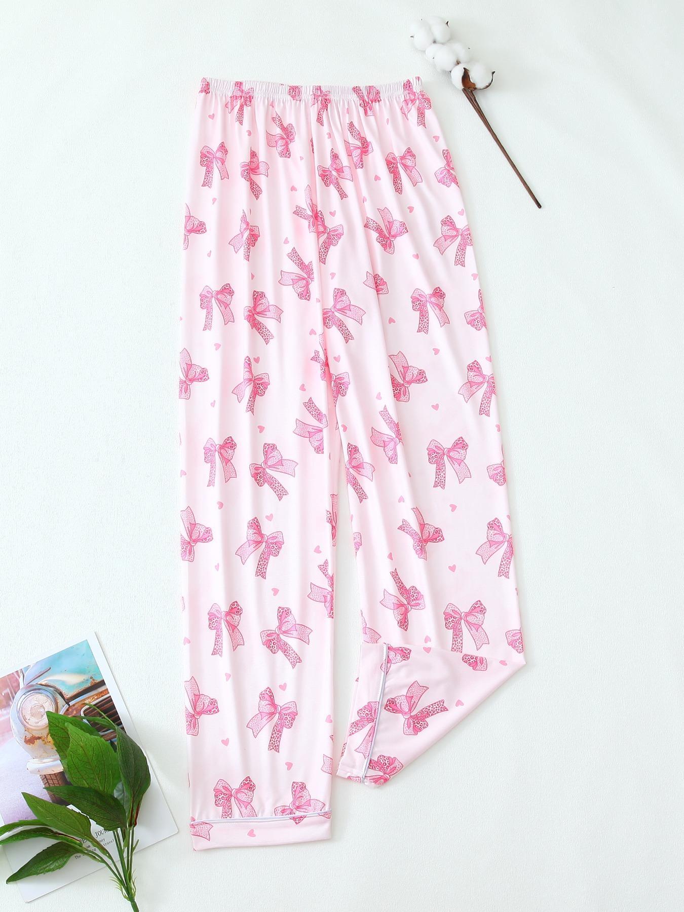 Women's Leopard Print Fitted Pajama Set with Bow Tie, Short Sleeve Shirt and Long Pants for All Seasons, Comfortable Casual Sleepwear