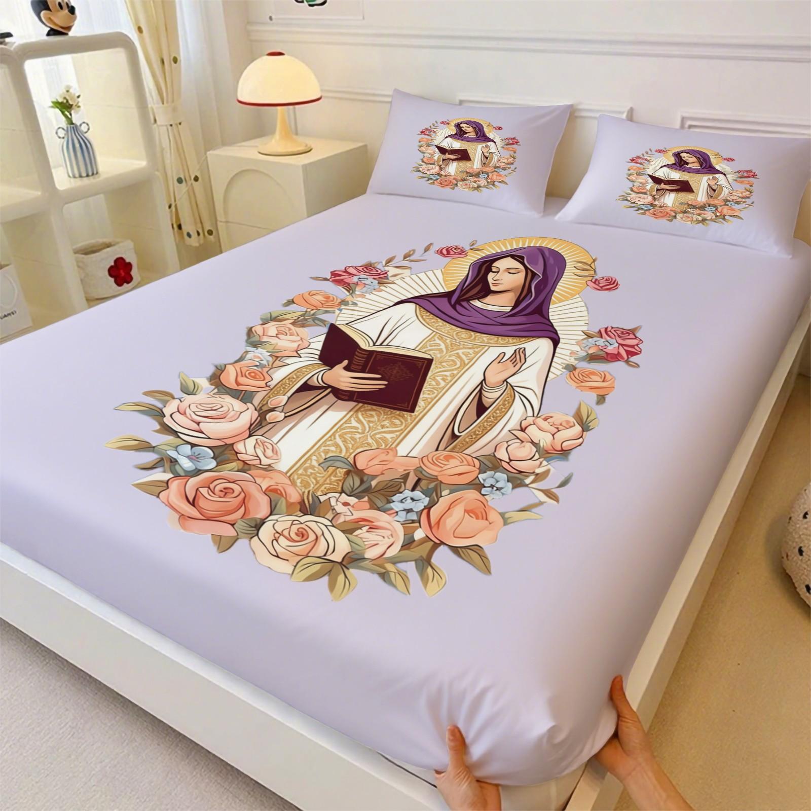 Guadalupe Virgin Mary Pattern Bed Sheet, Comfortable Printed Pattern, Includes 1 Bed Sheet and 2 Pillowcases, Comfortable Bedding, Non slip Dust Cover Suitable for Bedroom and Guest Room, Suitable for Children or Adults as Gifts