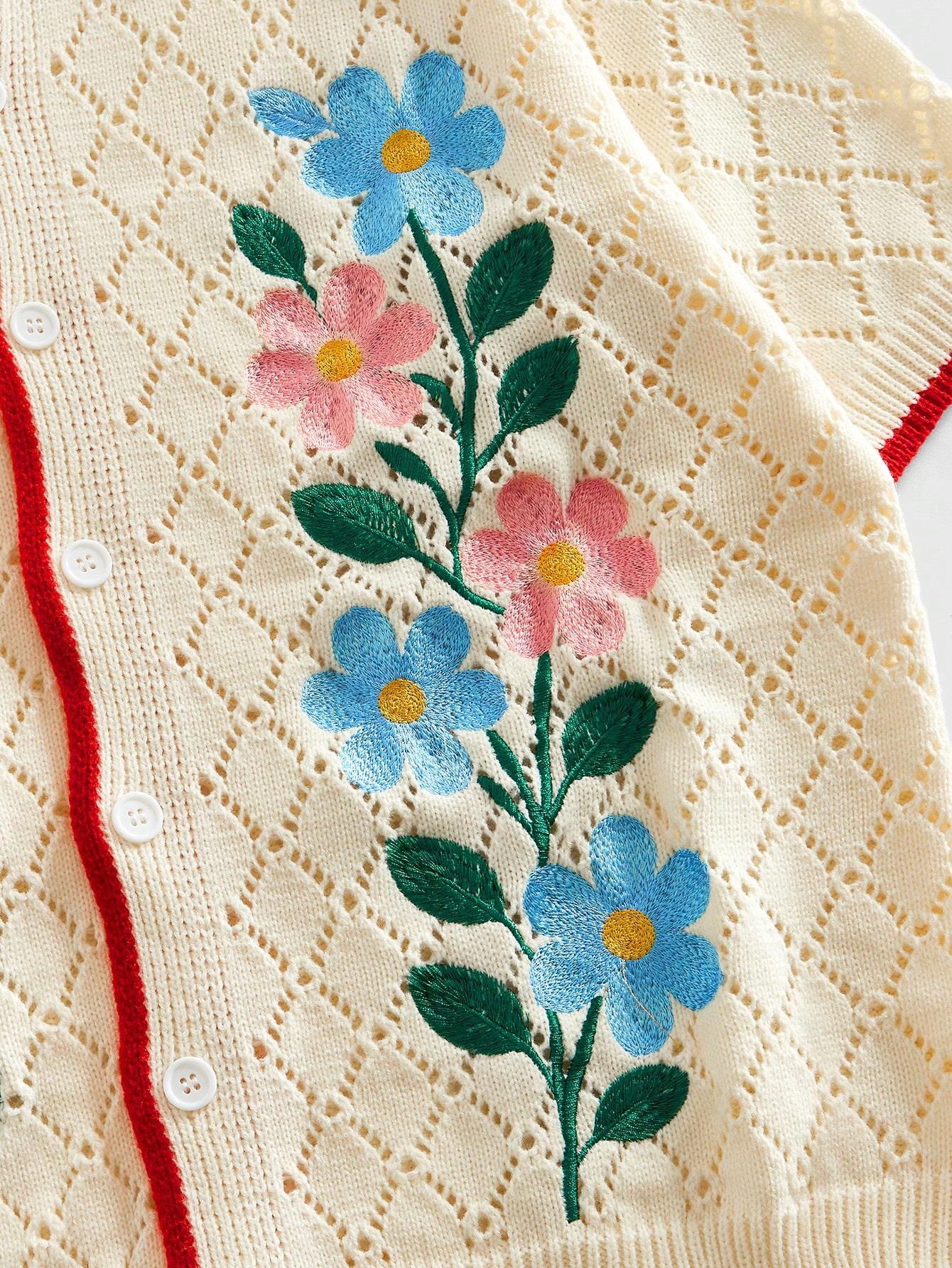 Men's Knitted Short Sleeve Cardigan, Color Block Edges & Floral Embroidery Design, Casual Hollow Out Style, Y2K Fashion for Daily Wear