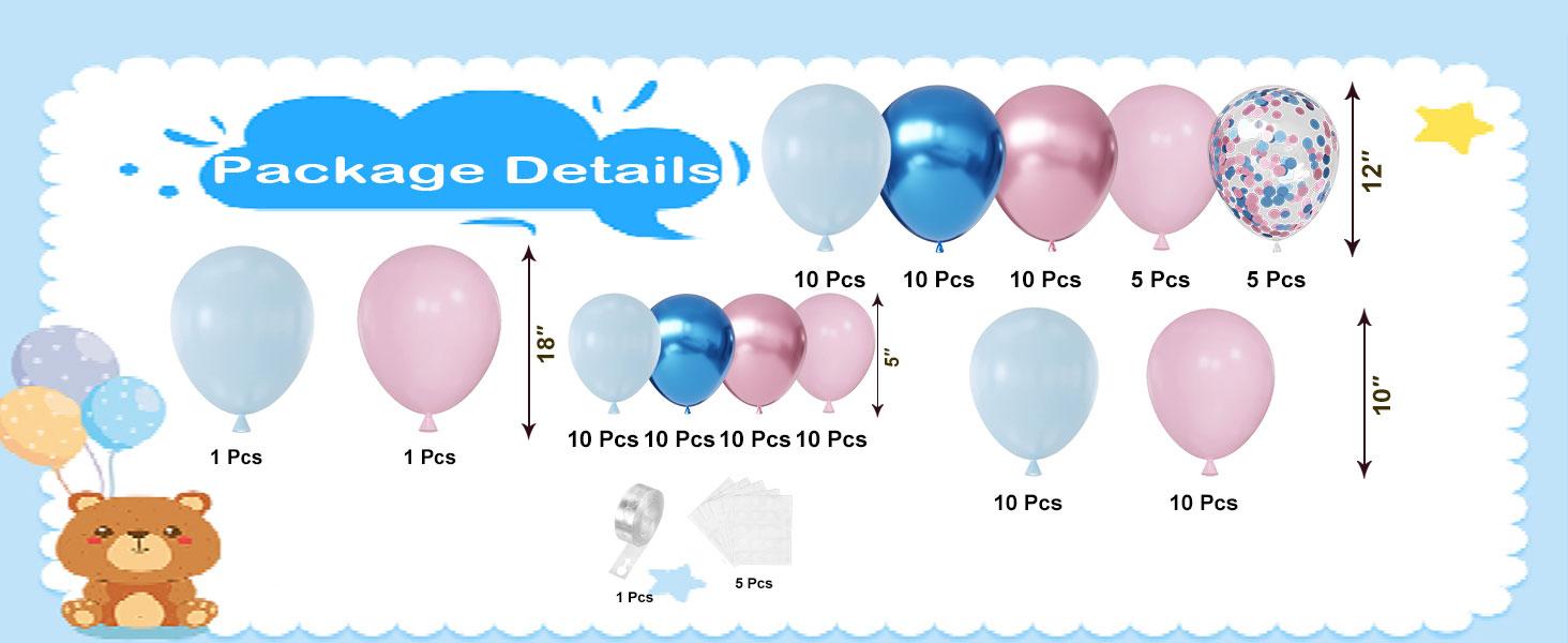 102-Piece Pink and Blue Balloon Arch Kit, Metallic & Confetti Latex Balloons in Different Sizes, 16ft Tape Strip & Dot Glue for Baby Shower, Birthday, New Year Decorations