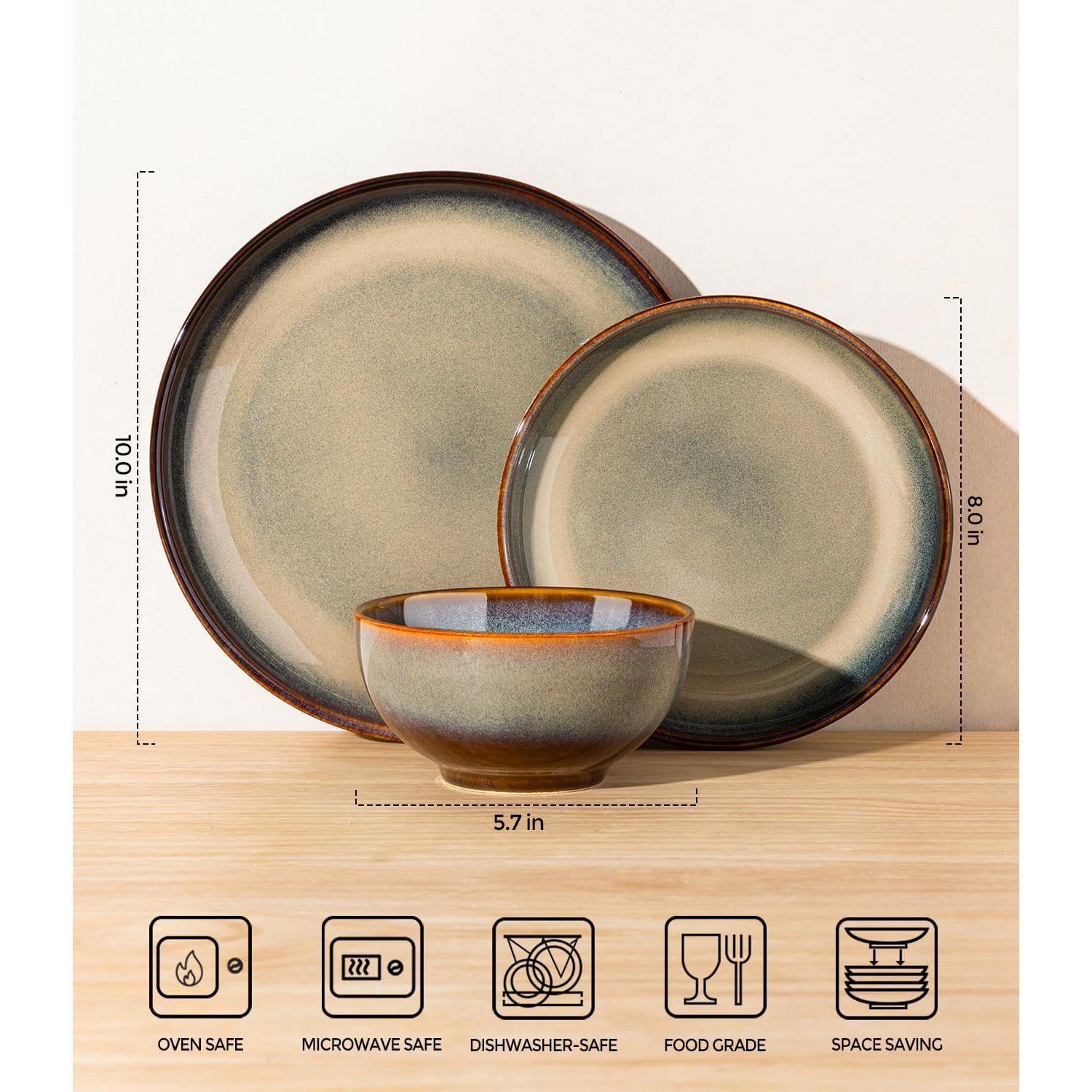 Stoneware Dinnerware Sets for 4, 12 count Ceramic Plates and Bowls Sets, Scratch Resistant Dish Set, Oven, Microwave & Dishwasher Safe, Coca Mocha