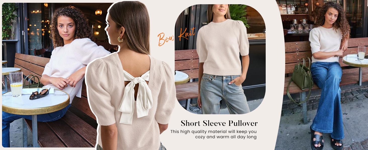 Ommig Womens Casual Sweater Vest Puff Short Sleeve Crew Neck Bow Tie Back Knit Shirt