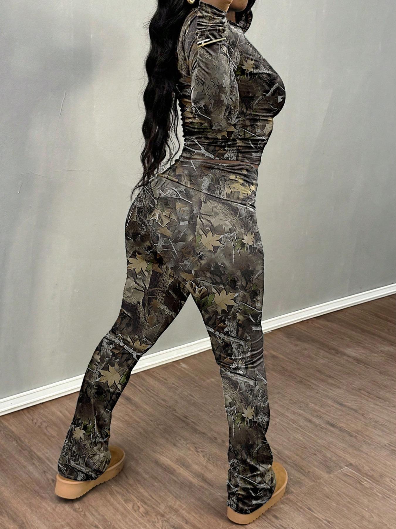 Women's All Over Print Crop Top & Skinny Pants Two-piece Set, Casual Fashion Cozy Breathable Two Piece Outfits for Daily Outdoor Wear, Ladies Clothes for All Seasons, Womenswear