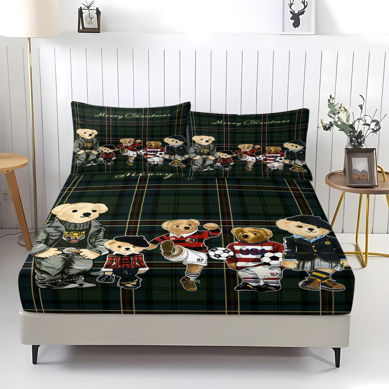 Teddy Bear Pattern Bed Sheet, Comfortable Printed Pattern, Includes 1 Bed Sheet and 2 Pillowcases, Comfortable Bedding, Non slip Dust Cover Suitable for Bedroom and Guest Room, Suitable as a Gift for Children or Adults