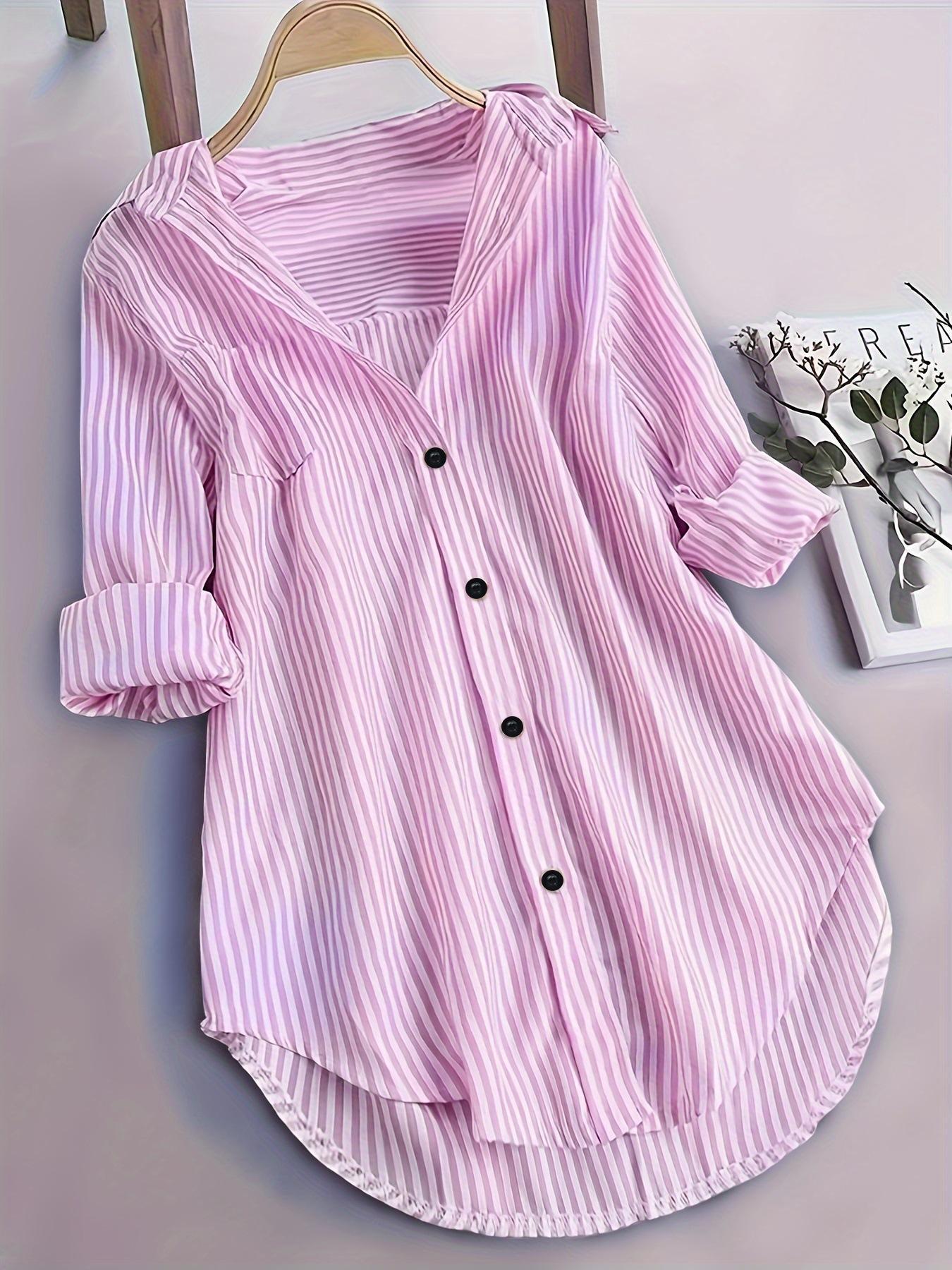 Plus Size Women's Striped Button Shirt, Loose Long Sleeve Casual Top, All Seasons Wear, Perfect for Office & Daily Use