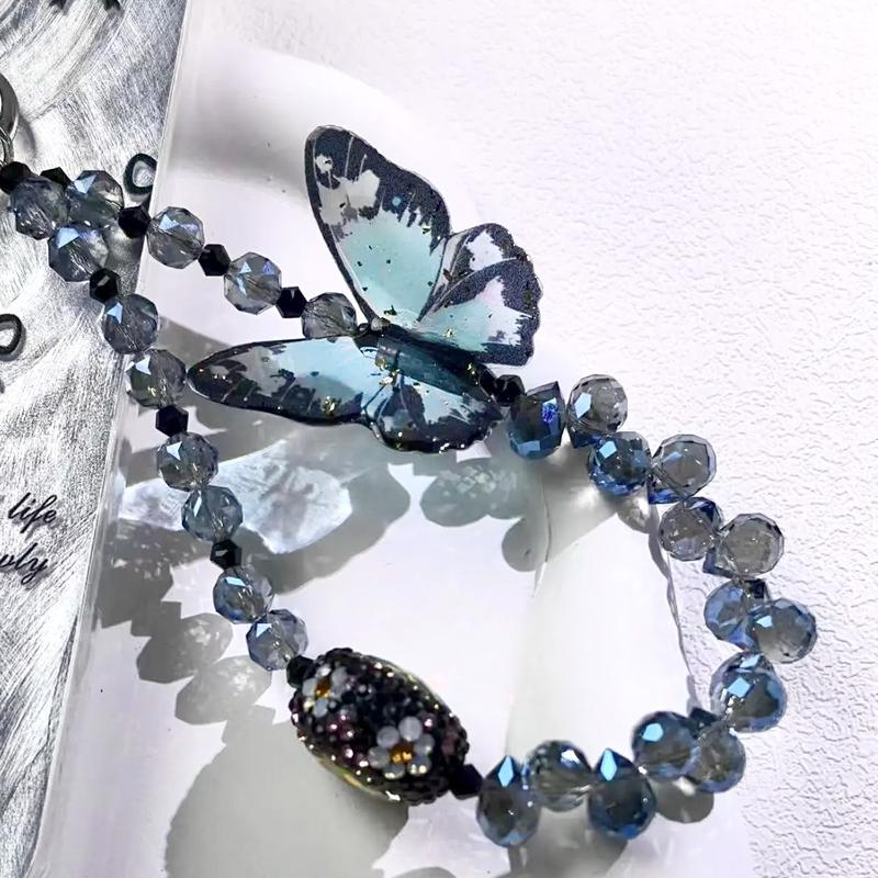 Butterfly Design Beaded Phone Chain, DIY Premium Smudge Bow Beaded Crystal Lanyard, Phone Wrist Lanyard, Earphone Case Key Camera Ornament, Charms