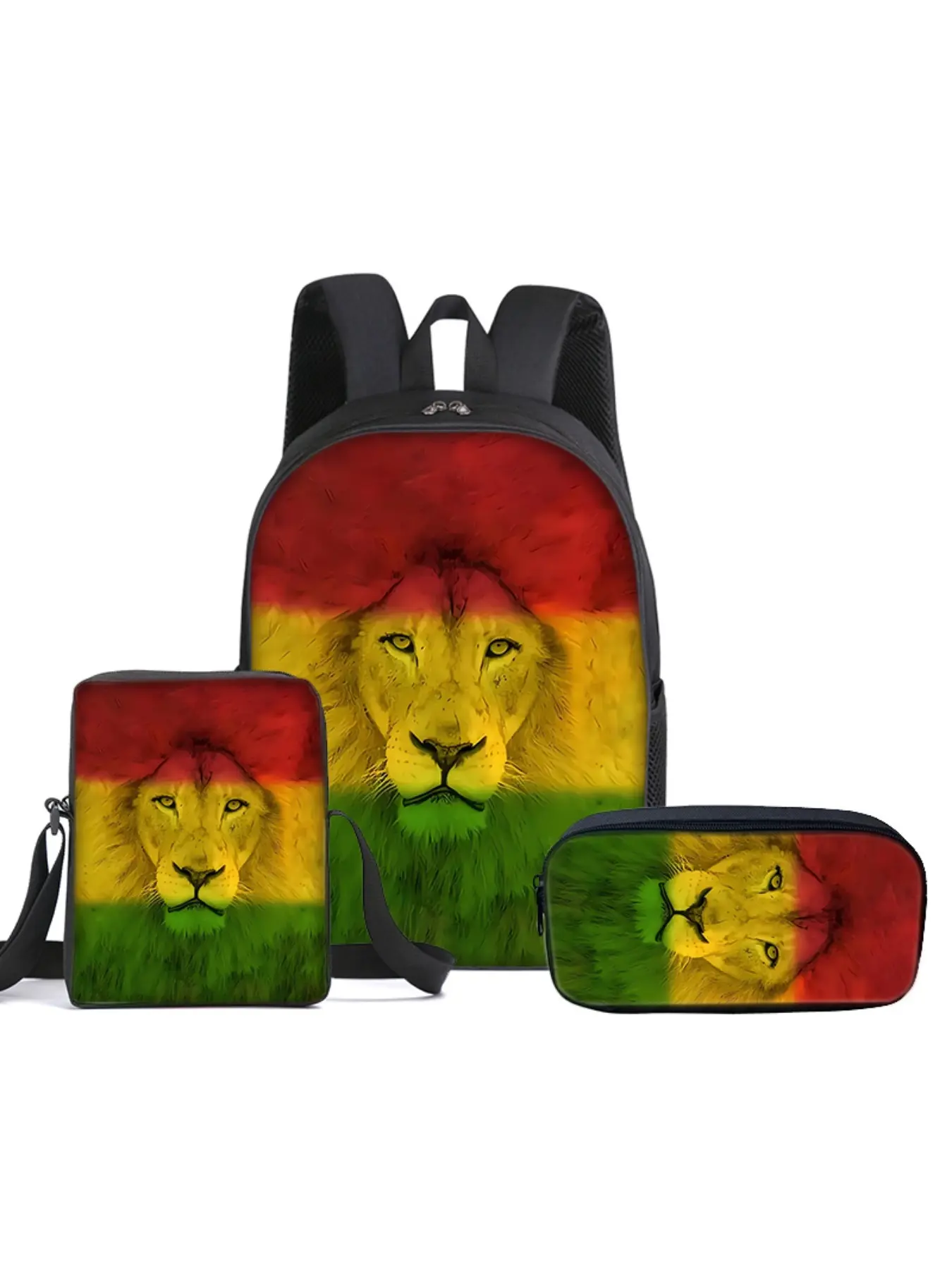 16-inch 3-Piece Backpack Set, Stylish Daypacks with Lion 2D Pattern Print (Single-Layer Backpack + Mini Crossbody Bag + Single-Layer Pencil Case) Suitable for outdoor trips and daily school use, ideal as holiday gifts for kids and friends