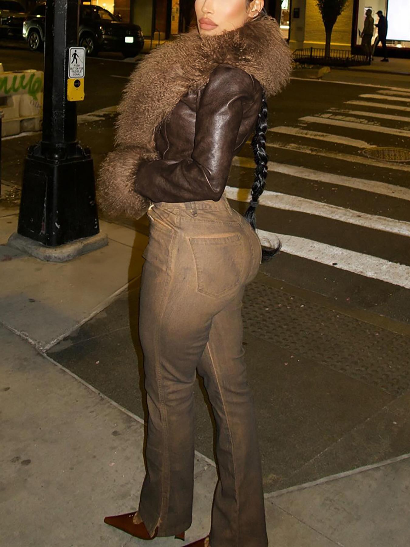 Women's Fashion Faux Fur Collar Long Sleeve V-Neck Leather Jacket, Autumn Winter New Style Slim Fit Outerwear, Trendy Tassel Fringe Patchwork Coat