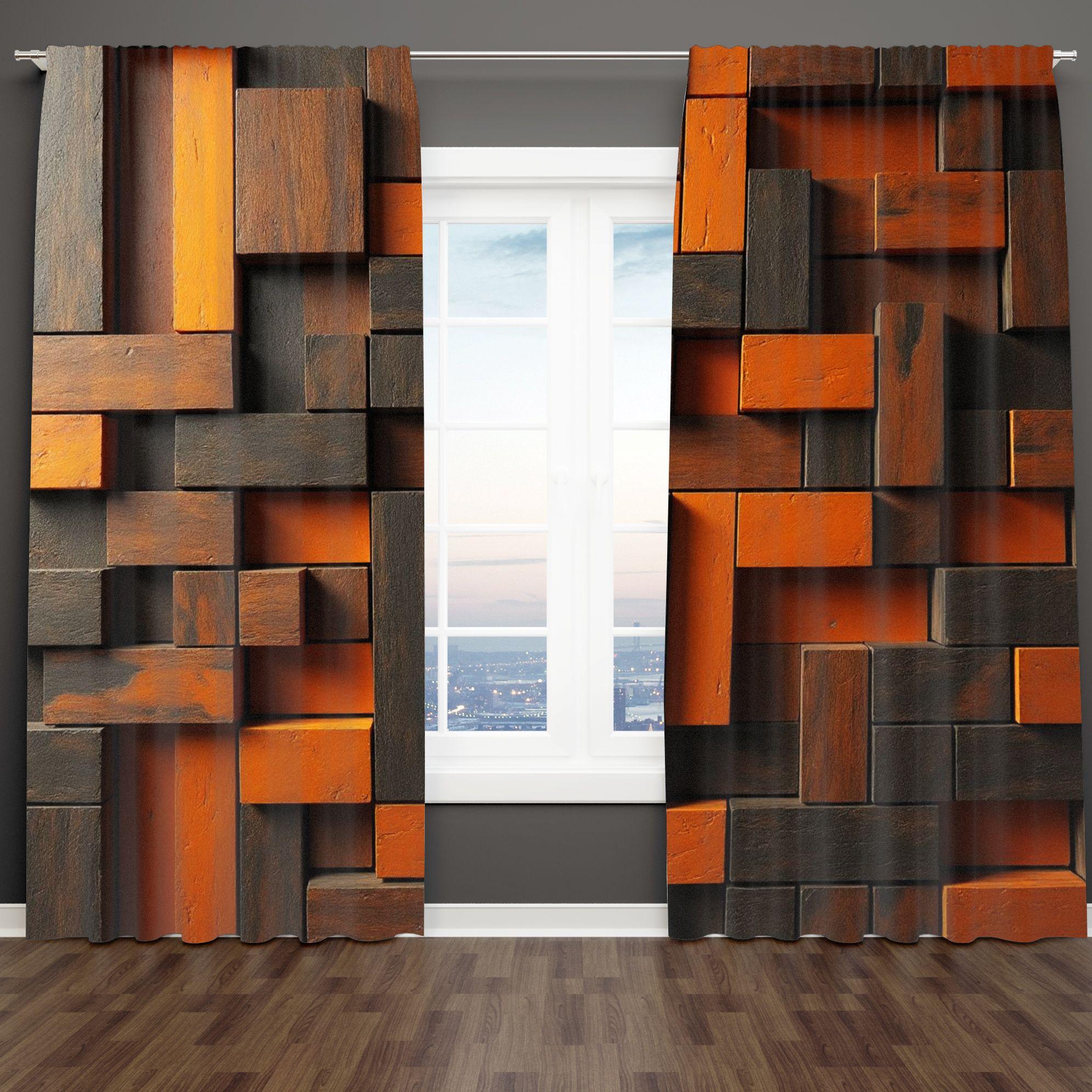 2pcs Window Curtains, Room Decor Curtain, A dynamic, 3D pattern crafted from rectangular blocks in varying shades of dark brown, grey. The textured surface evokes wood or stone, Window Drapes for Bedroom Living Room, Rod Pocket Window Treatment