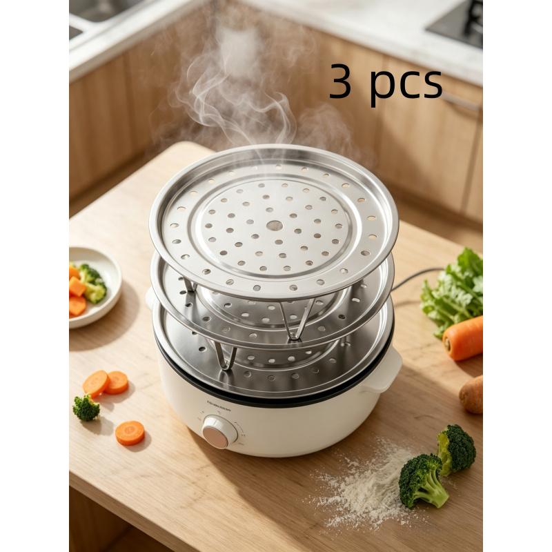 3pcs Multi-Size (18/20/22cm) Stainless Steel Steamer Racks, Universal Fit Perforated Trays with Elevated Legs,  for Steaming Vegetables, Dumplings & Seafood