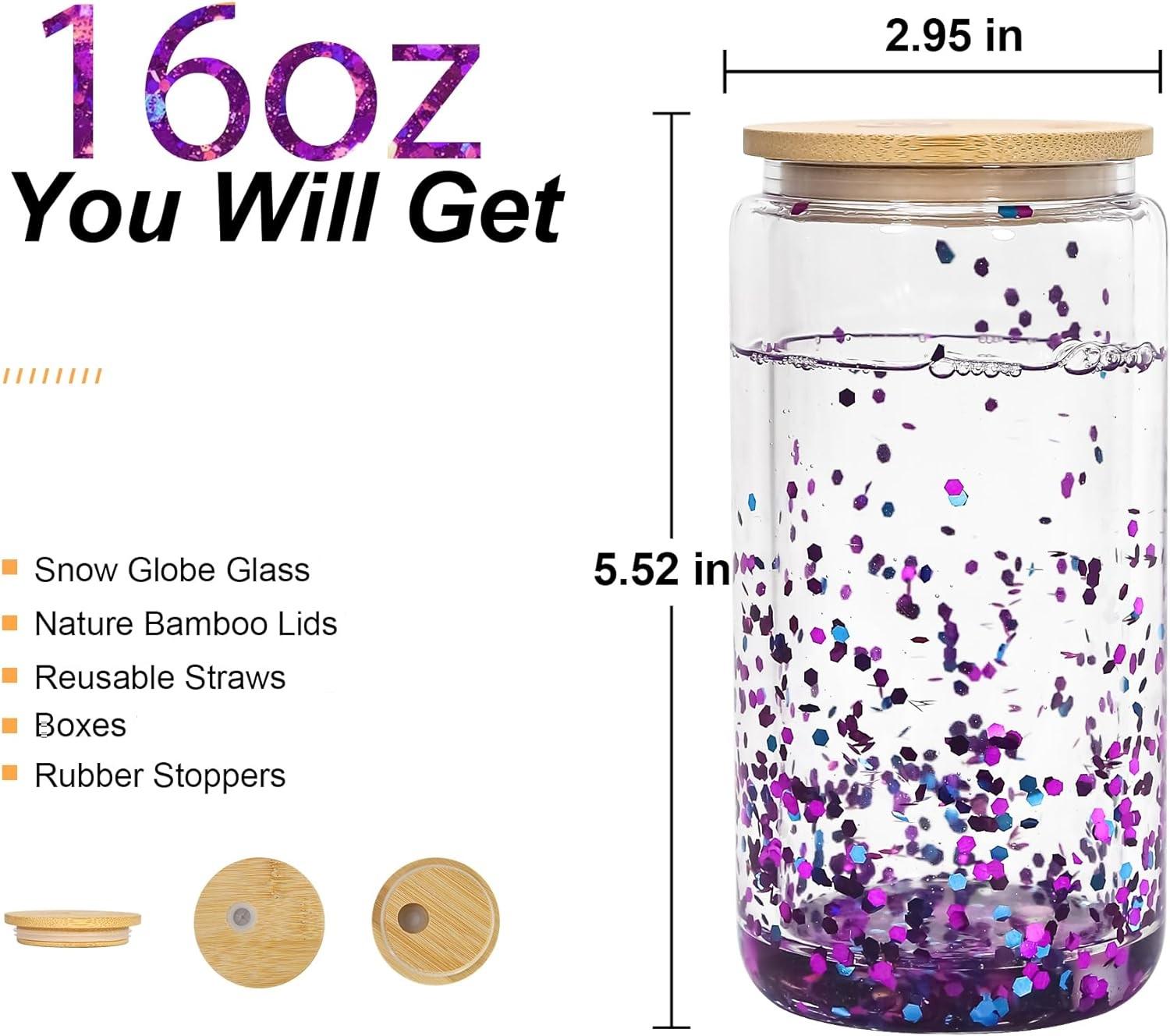 AGH 25pcs 16 oz Snow Globe Glass Tumbler Double Wall Glass 16 oz Cups with Lid Juice Cold Coffee Can with Pre Drilled Hole Plug Mugs Bottles Drinkware