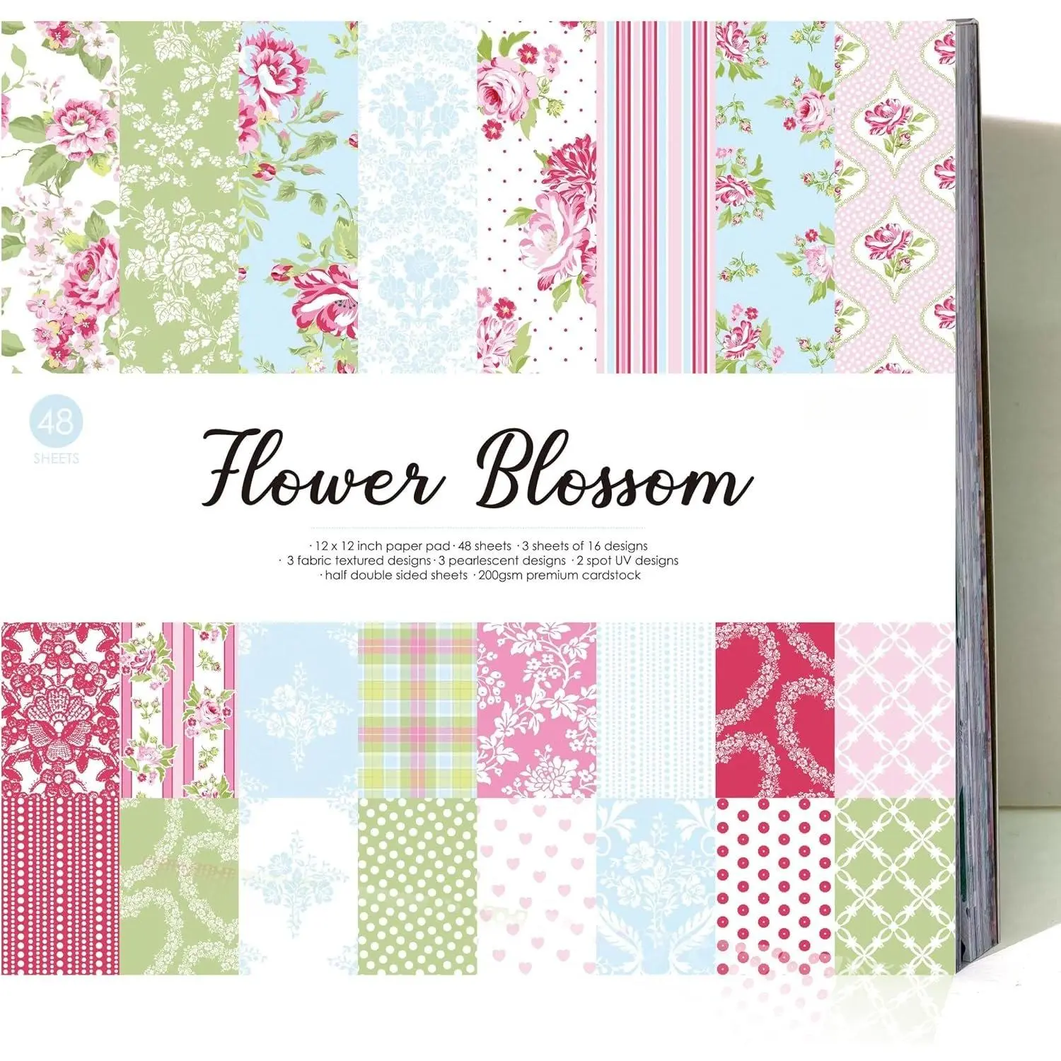 48 Sheets 12x12 Scrapbooking Cardstock Decorative Paper Pack - Flower Blossom - 200gsm Textured  Effect for Card Making Journaling Planner Origami Scrapbook Supplies