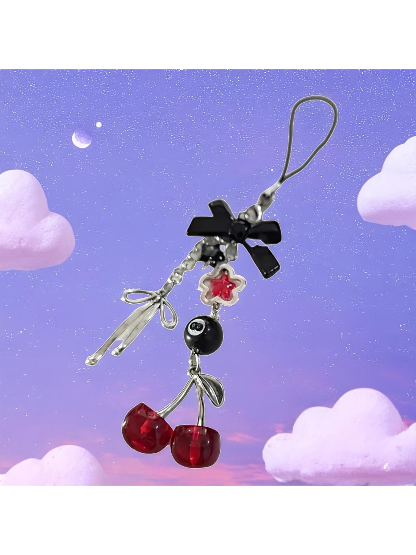A Y2K Red Cherry Phone Strap with a Bow - Features Colorful Resin Decorative Pendants, Suitable for Phone Straps, Headphone Charms, And Other Cherry-Themed Items