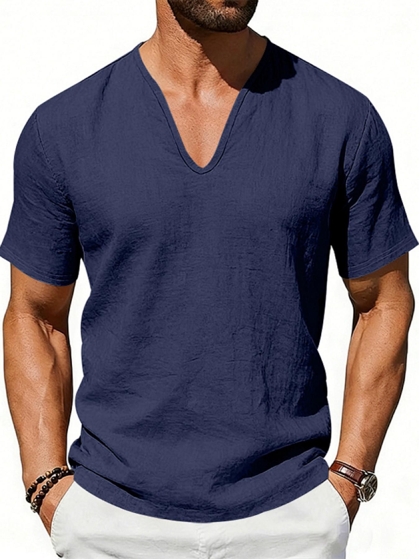 Men's Summer Loose Fit Linen T-Shirt, Breathable Deep V Design, Casual Short Sleeve Top, American Style, Cross-Border Fashion