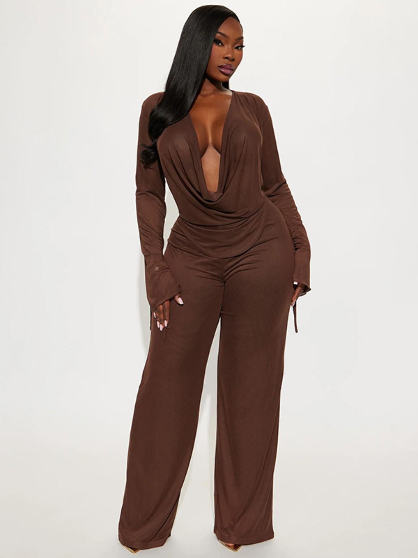 Women's Fashion Casual Two-Piece Set, Deep V Mesh Top & Wide Leg Pants, Trendy Long Sleeve Tie Design, Perfect for Daily Wear